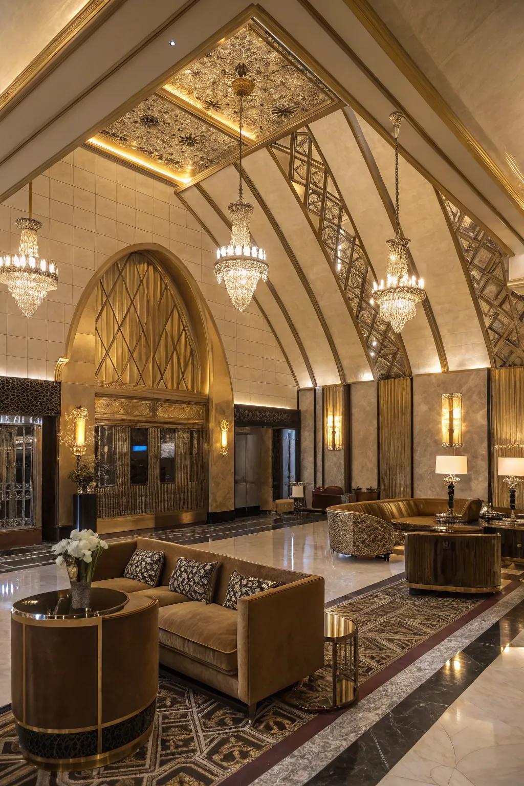 Art Deco panache with beveled beams on a vaulted ceiling.