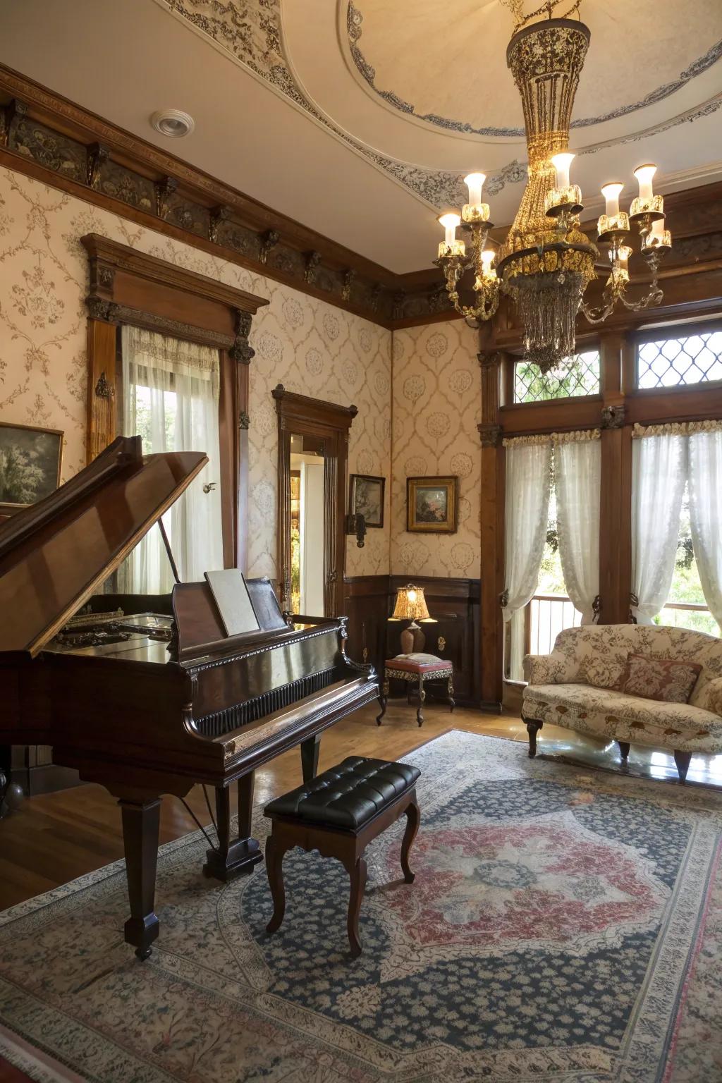 A grand piano adds a touch of sophistication and style to the living room.