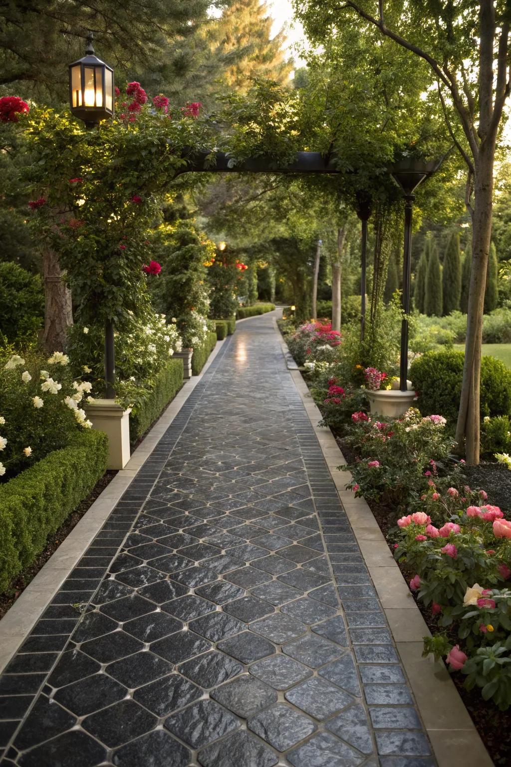 Onyx tiles append a sumptuous garnish to your garden trail.