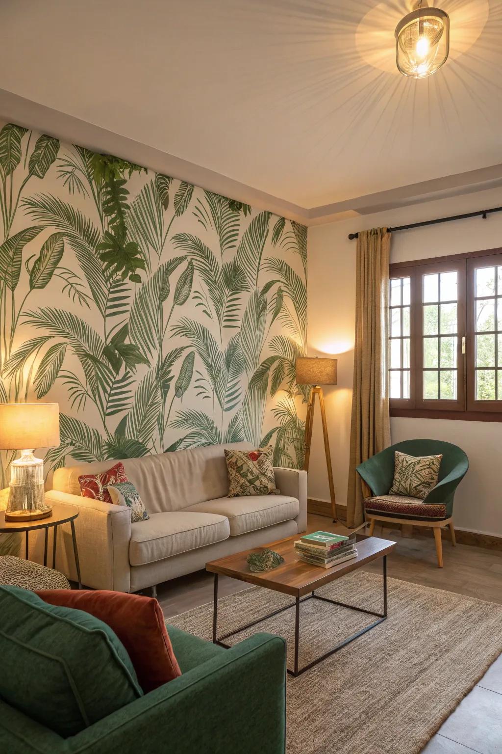 Leafy patterns bring tropical vibes.