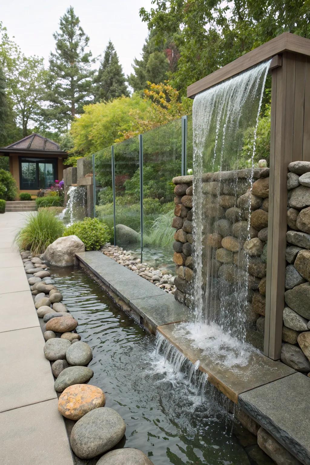 A contemporary garden cascade showcasing a fusion of stone and glass.