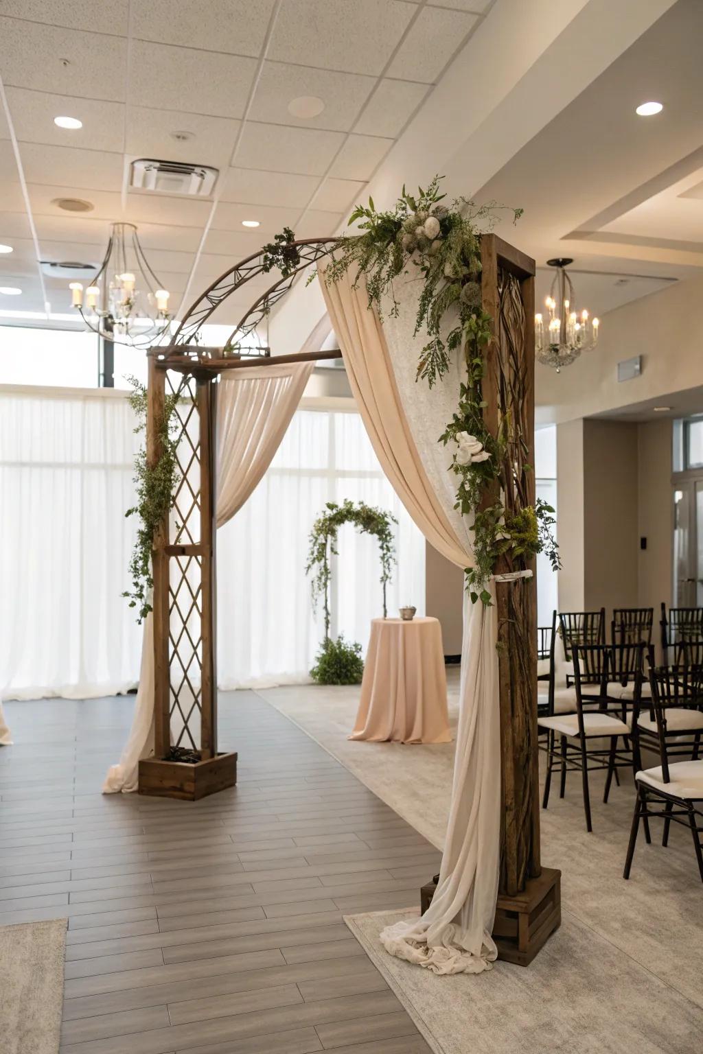 Mixed textures create a unique and striking wedding arch design.