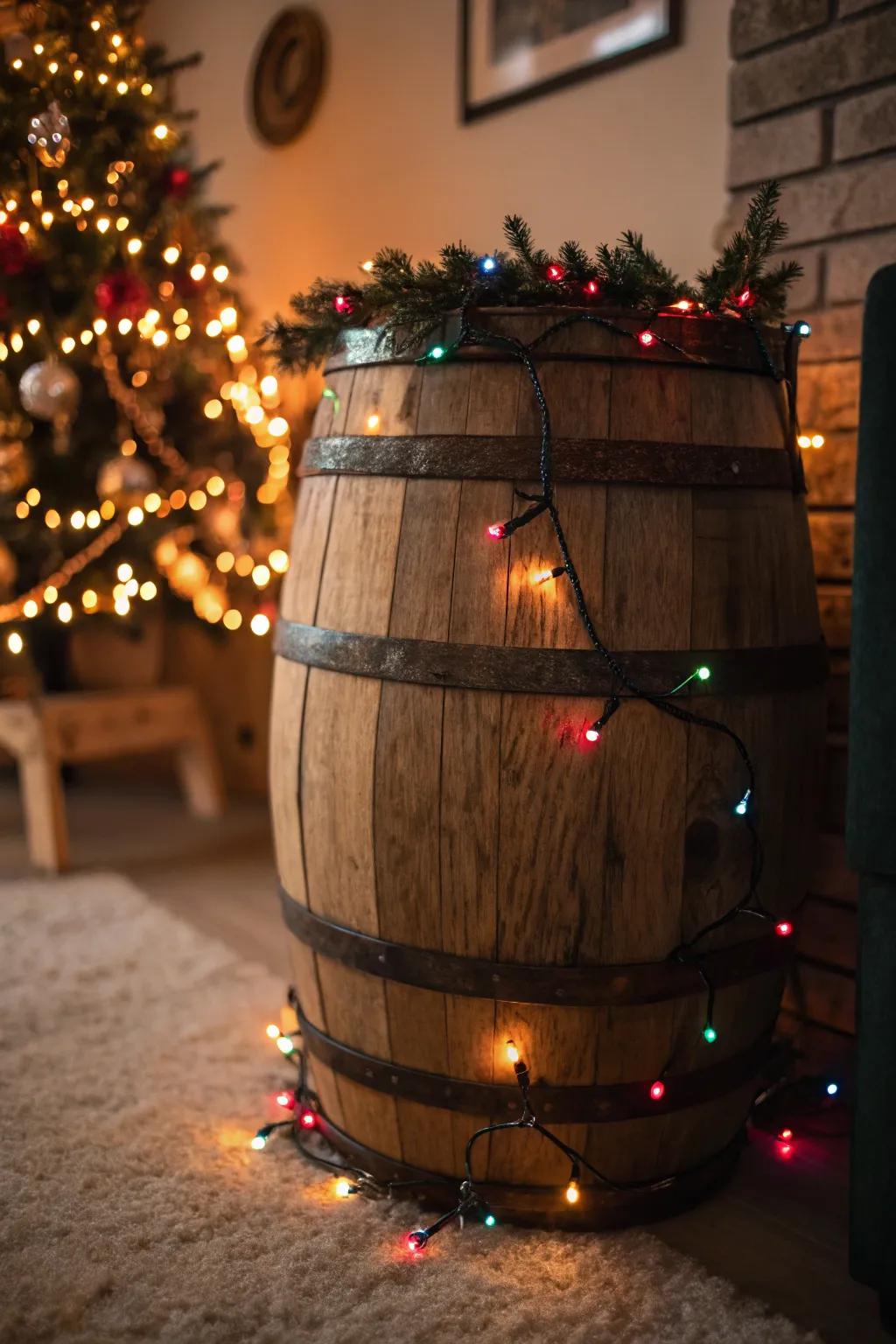 A holiday-themed cask spreading festive cheer with lights.