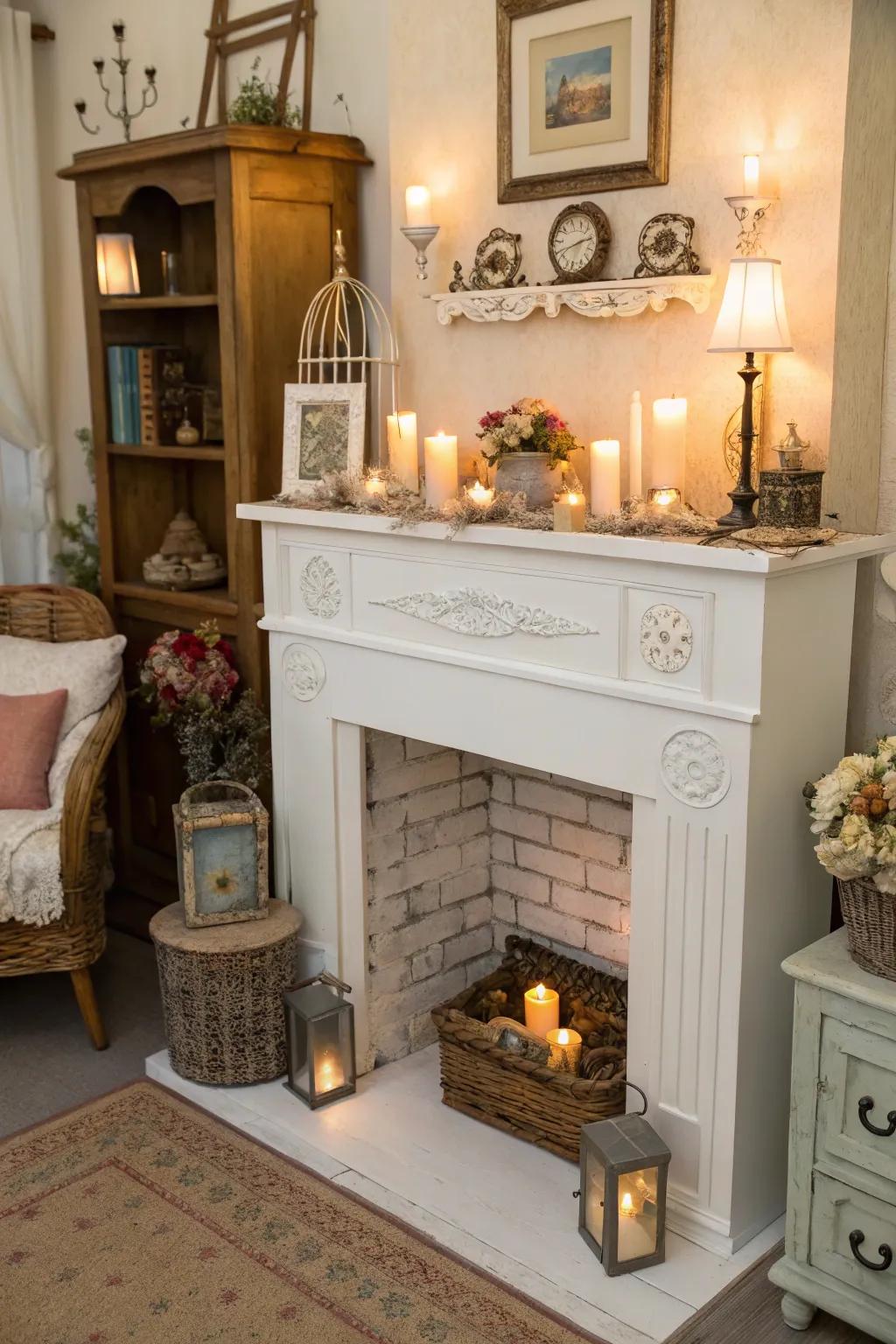 Vintage decor injects a whimsical and snug charm into a white firebox.