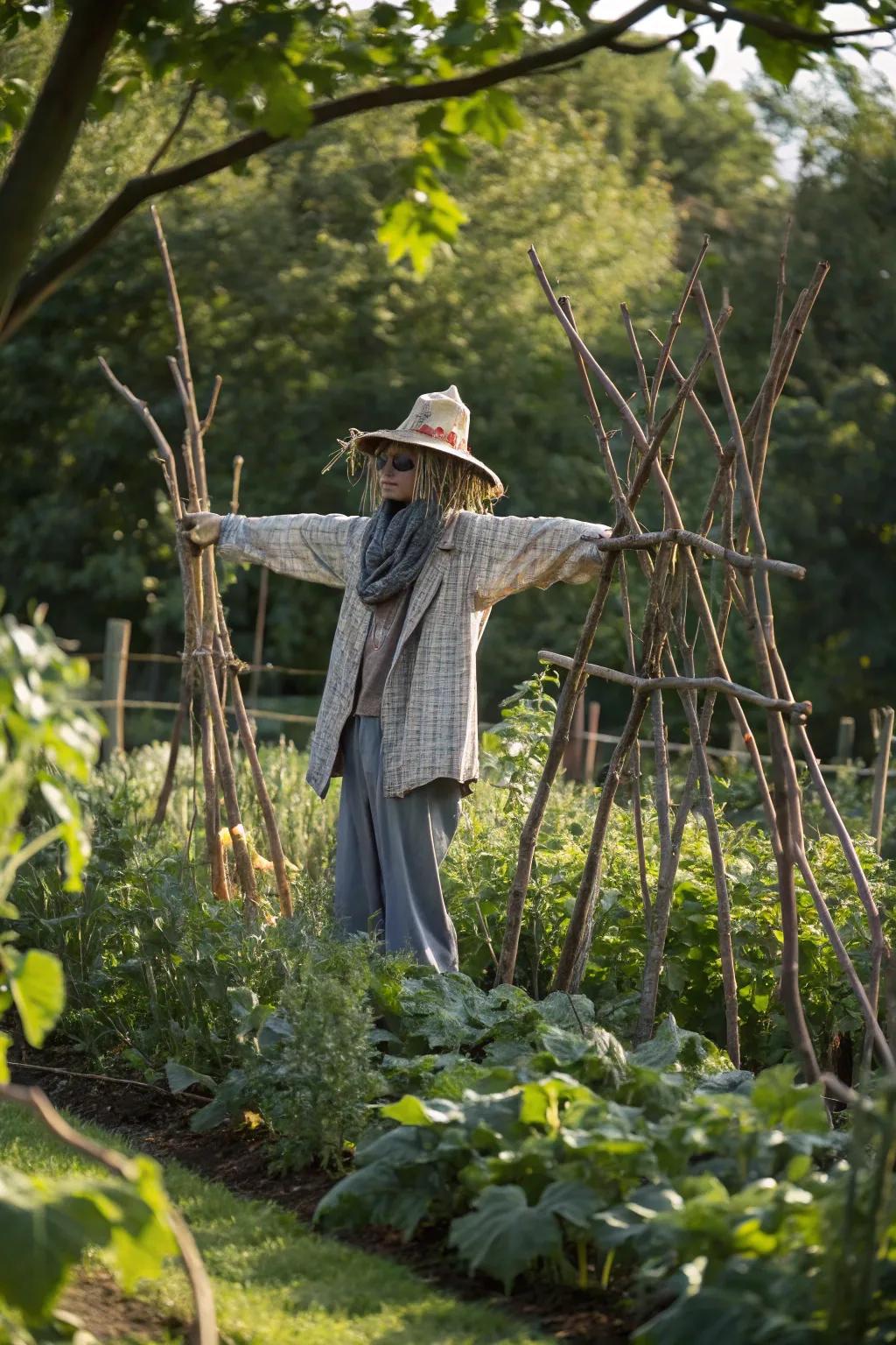 A wilderness devotee scarecrow blending with the environment, celebrating the serenity of nature.