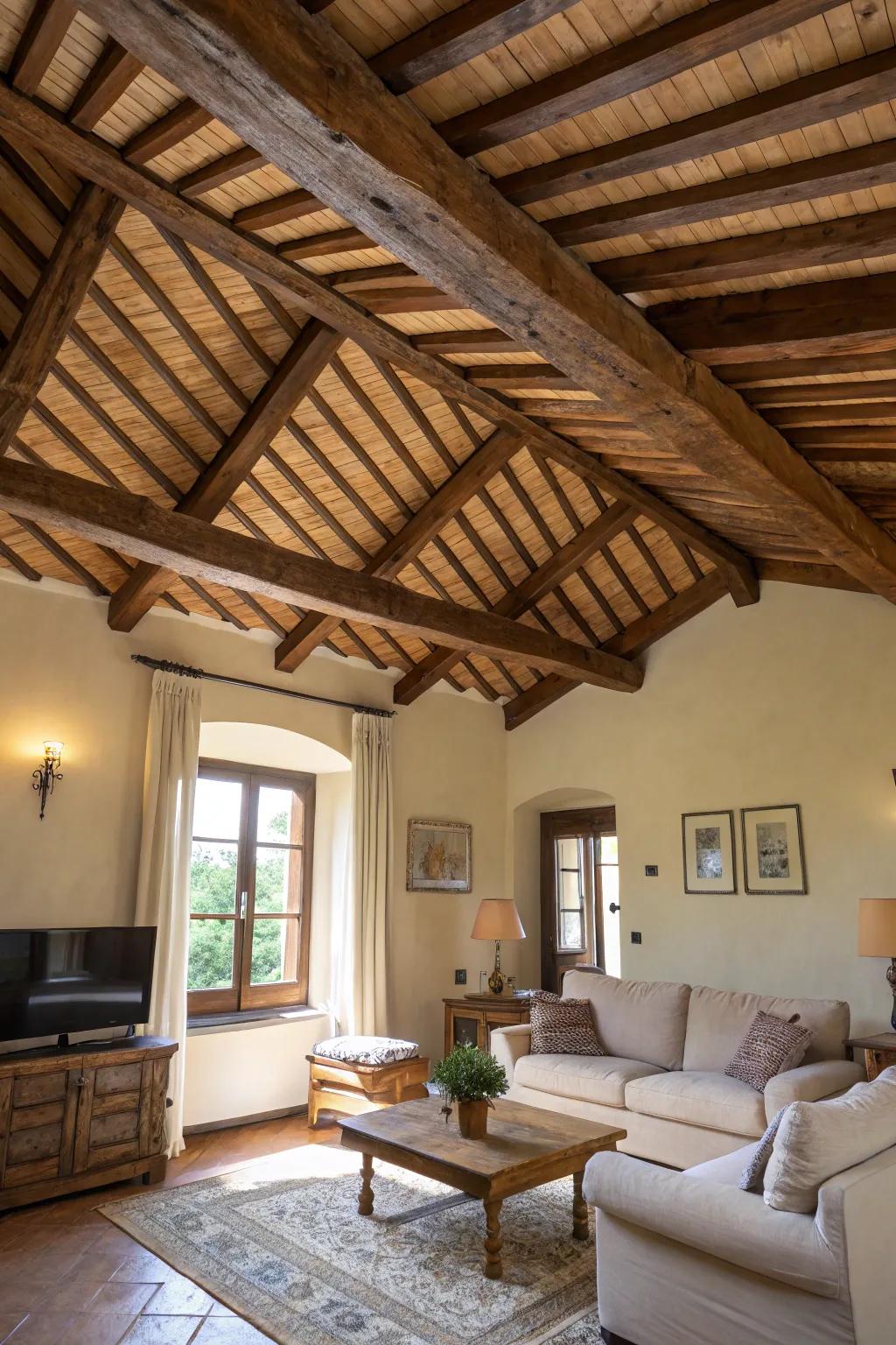 An artistic ceiling pattern crafted with wooden beams.
