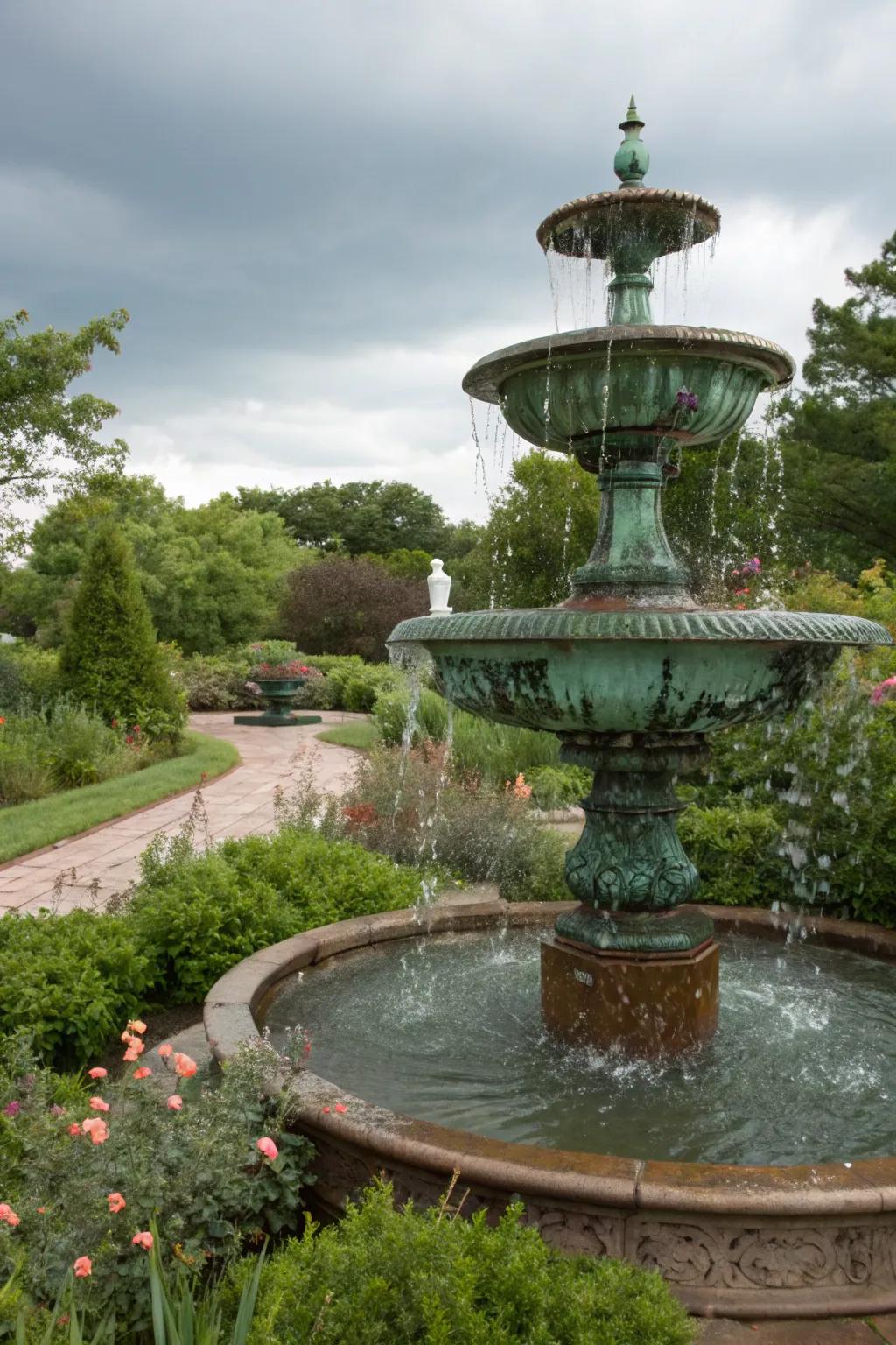 A copper cascade fountain lending warmth and elegance to the garden.