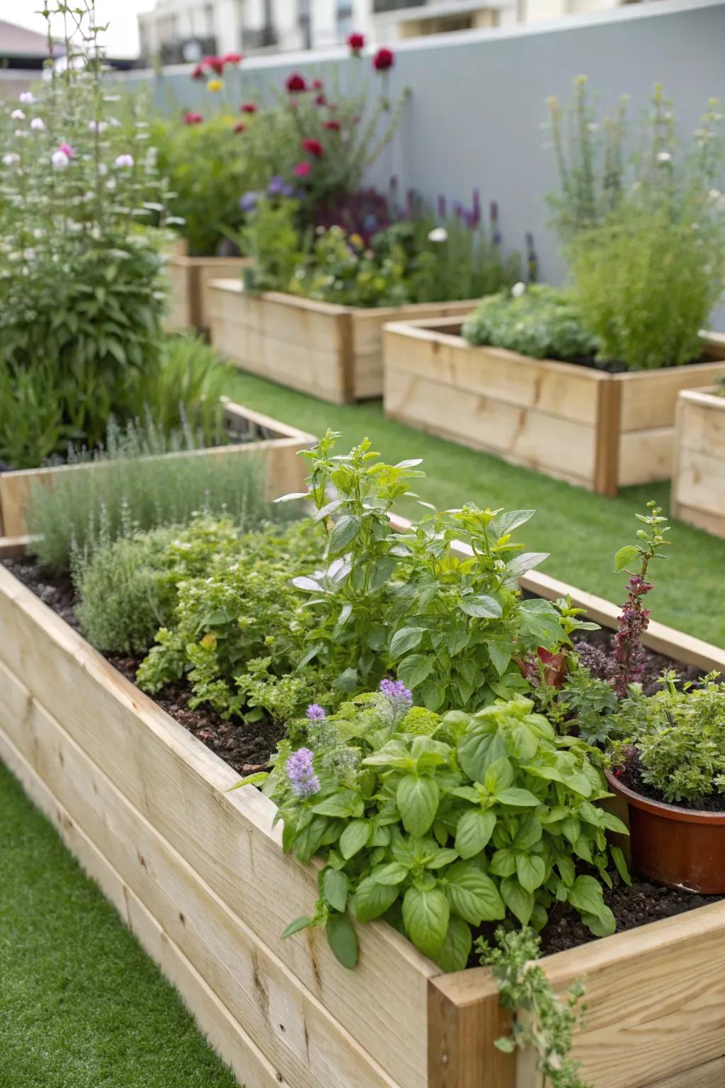 A lush herb garden surrounded by vibrant artificial grass.