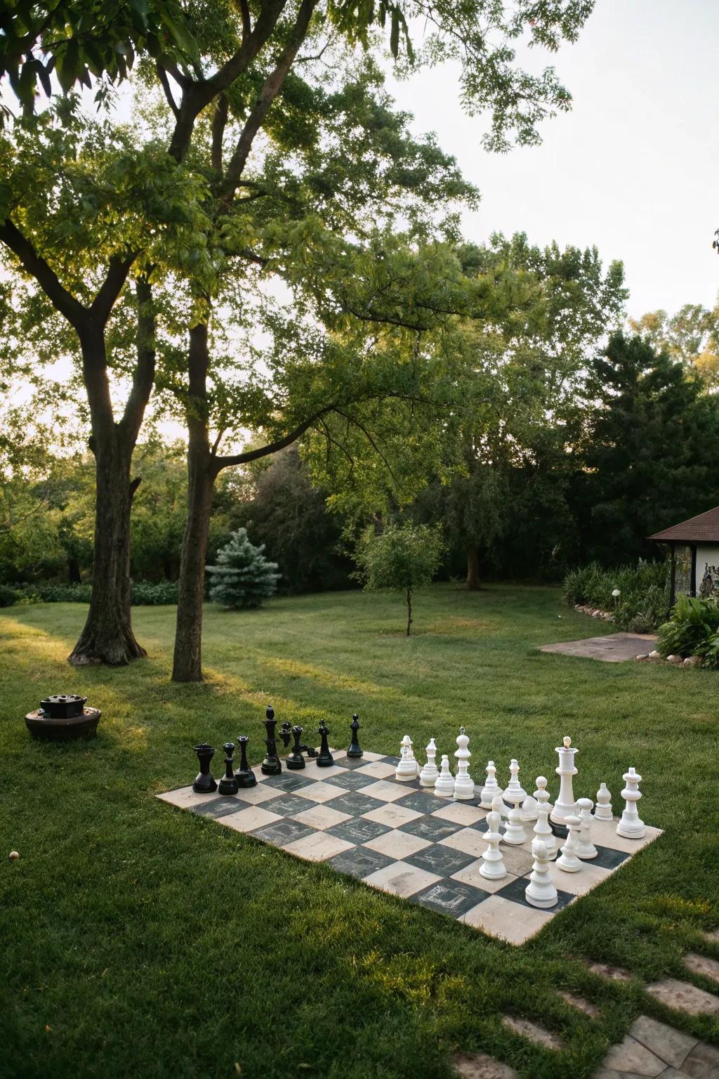 A backyard chess set delivers both amusement and a striking visual element.