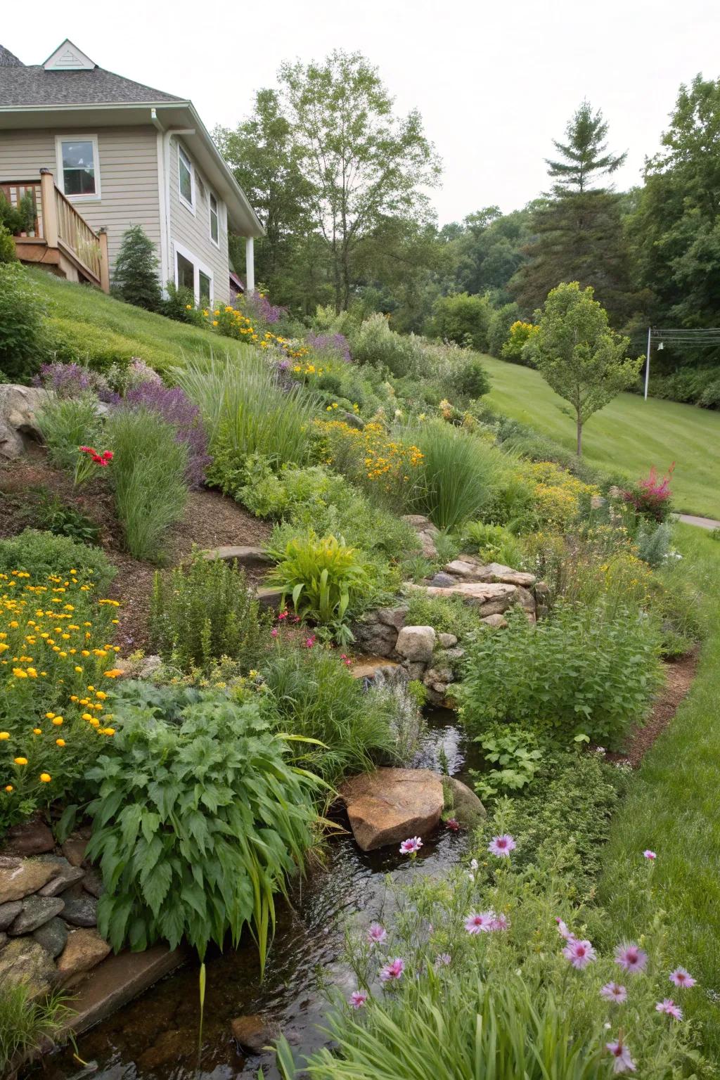 Rain gardens manage runoff and feature water-loving plants.