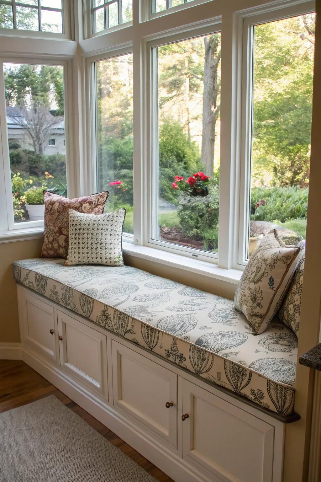 A bespoke seating bench infuses a unique touch into your bay window's design.