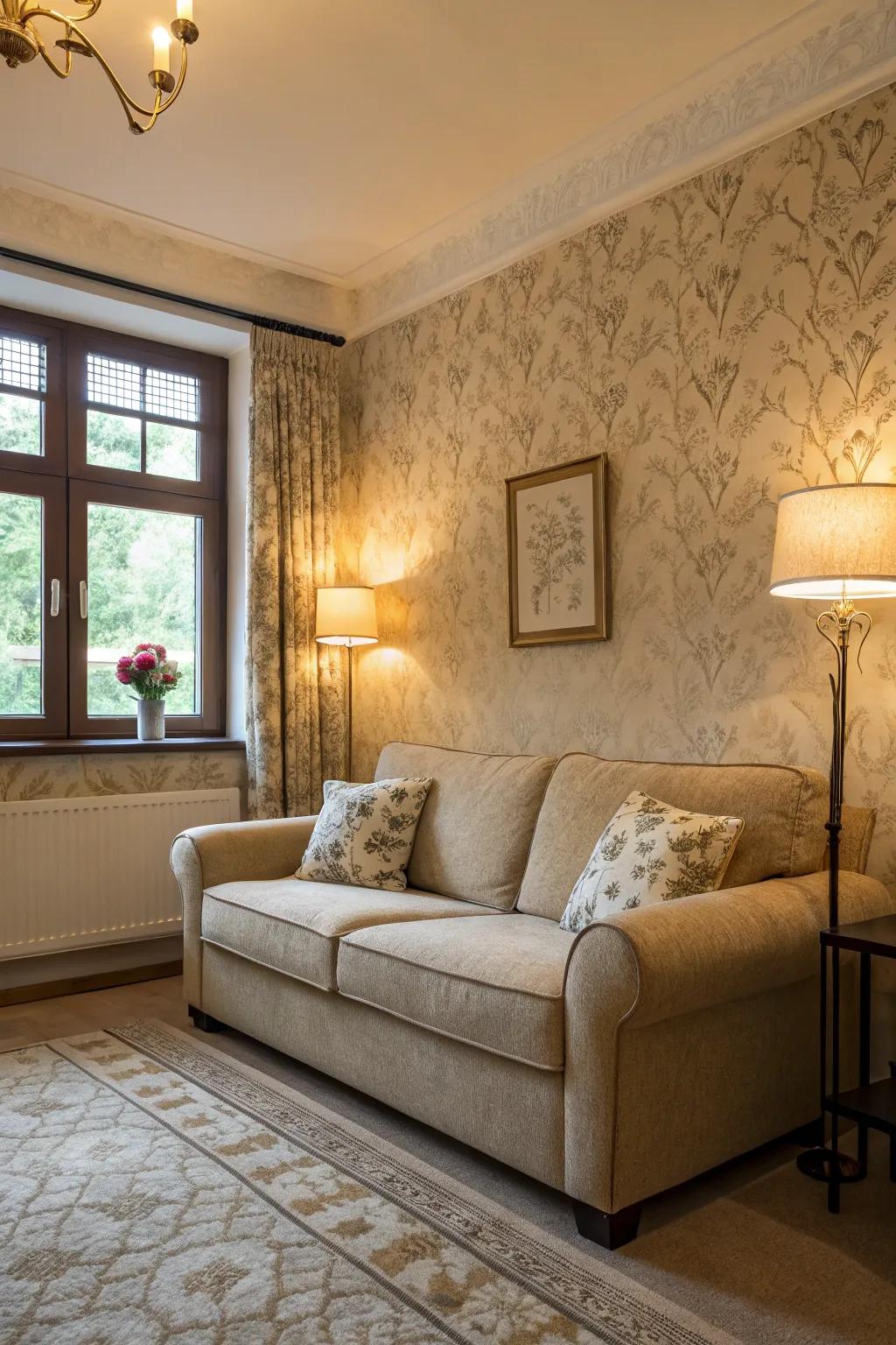 Elegant wallpaper complements a wheat-toned sofa in a refined living space.