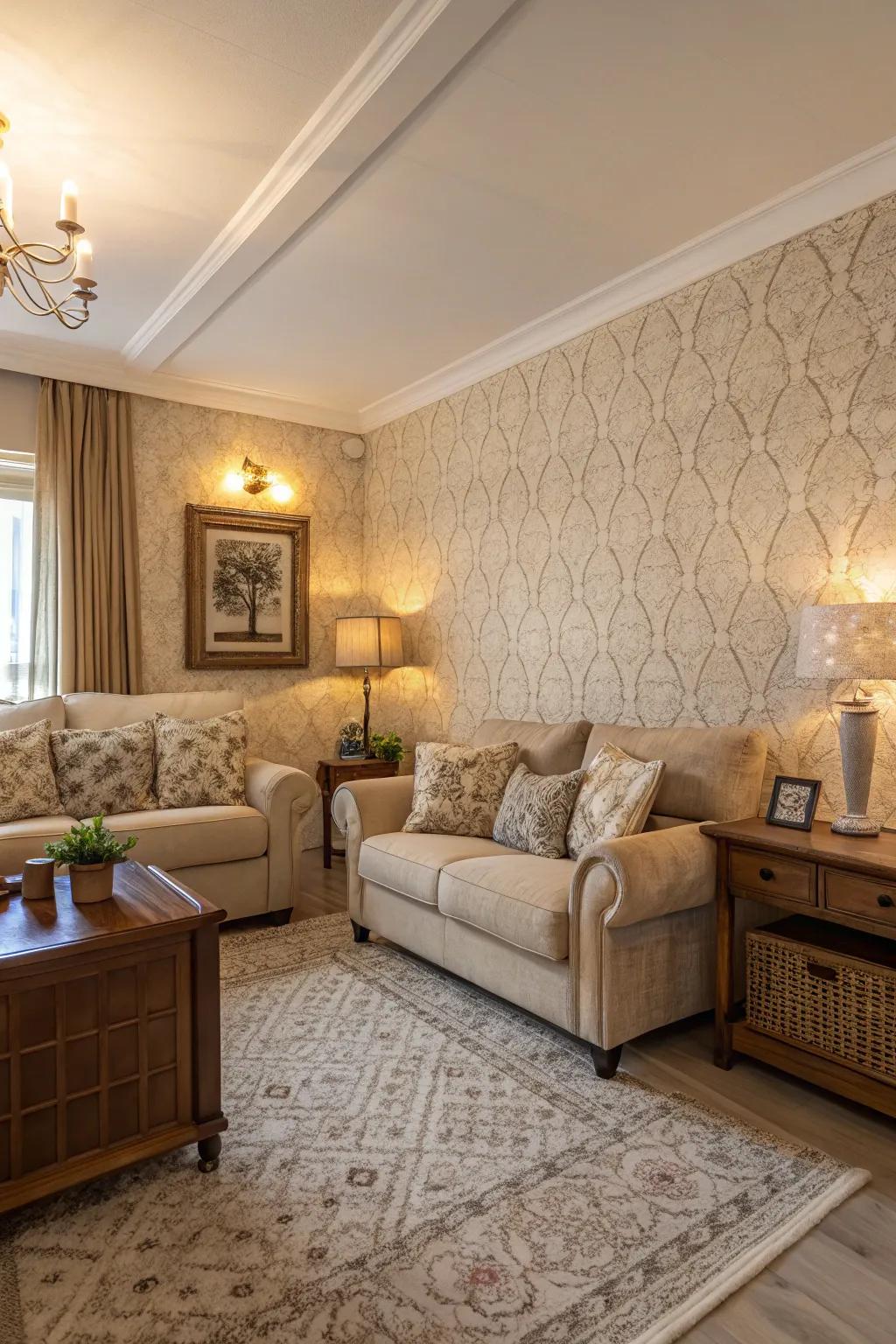 Textured wallpaper contributes depth and intrigue.