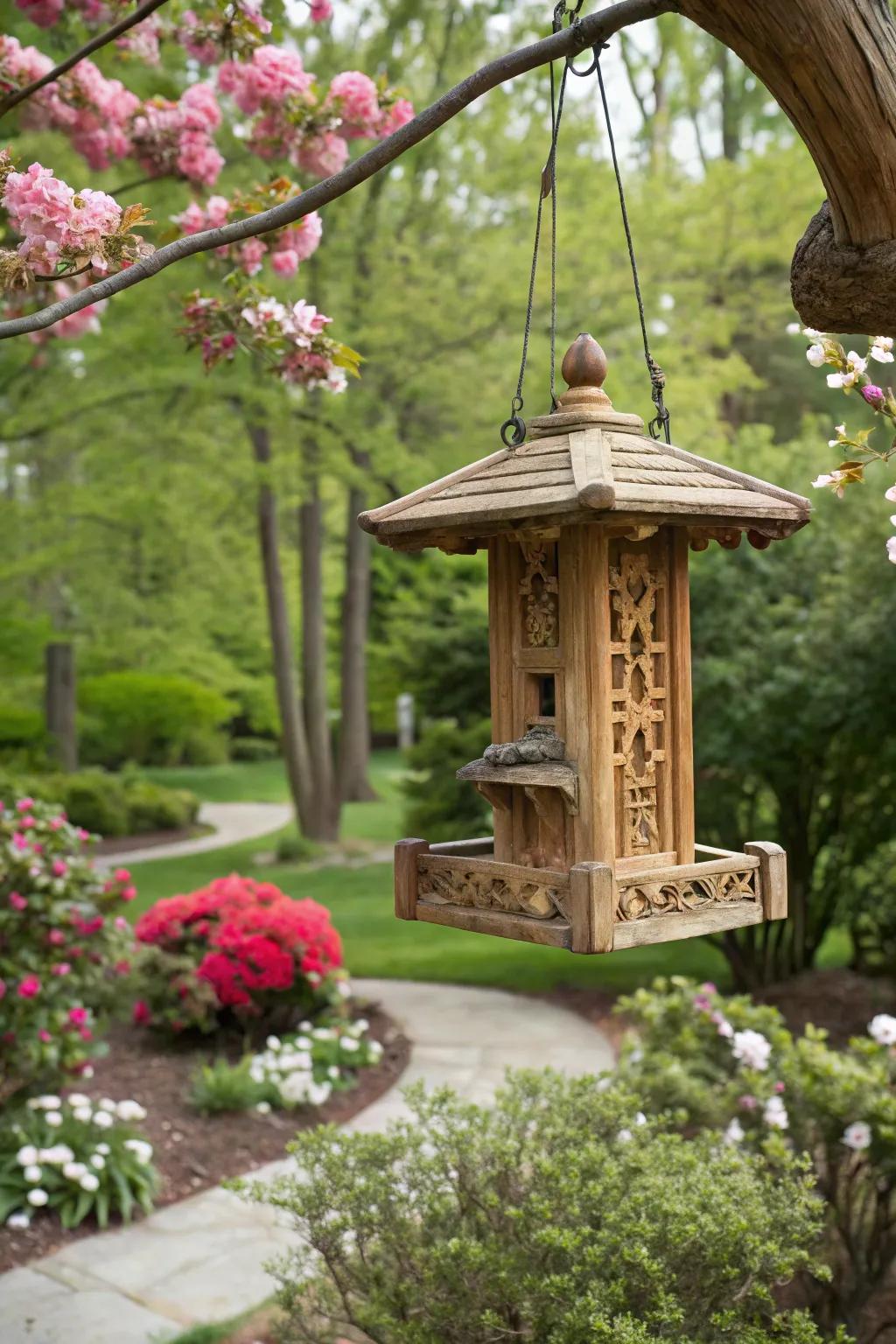A hand-carved wooden feeder offering unique artistry to any garden.