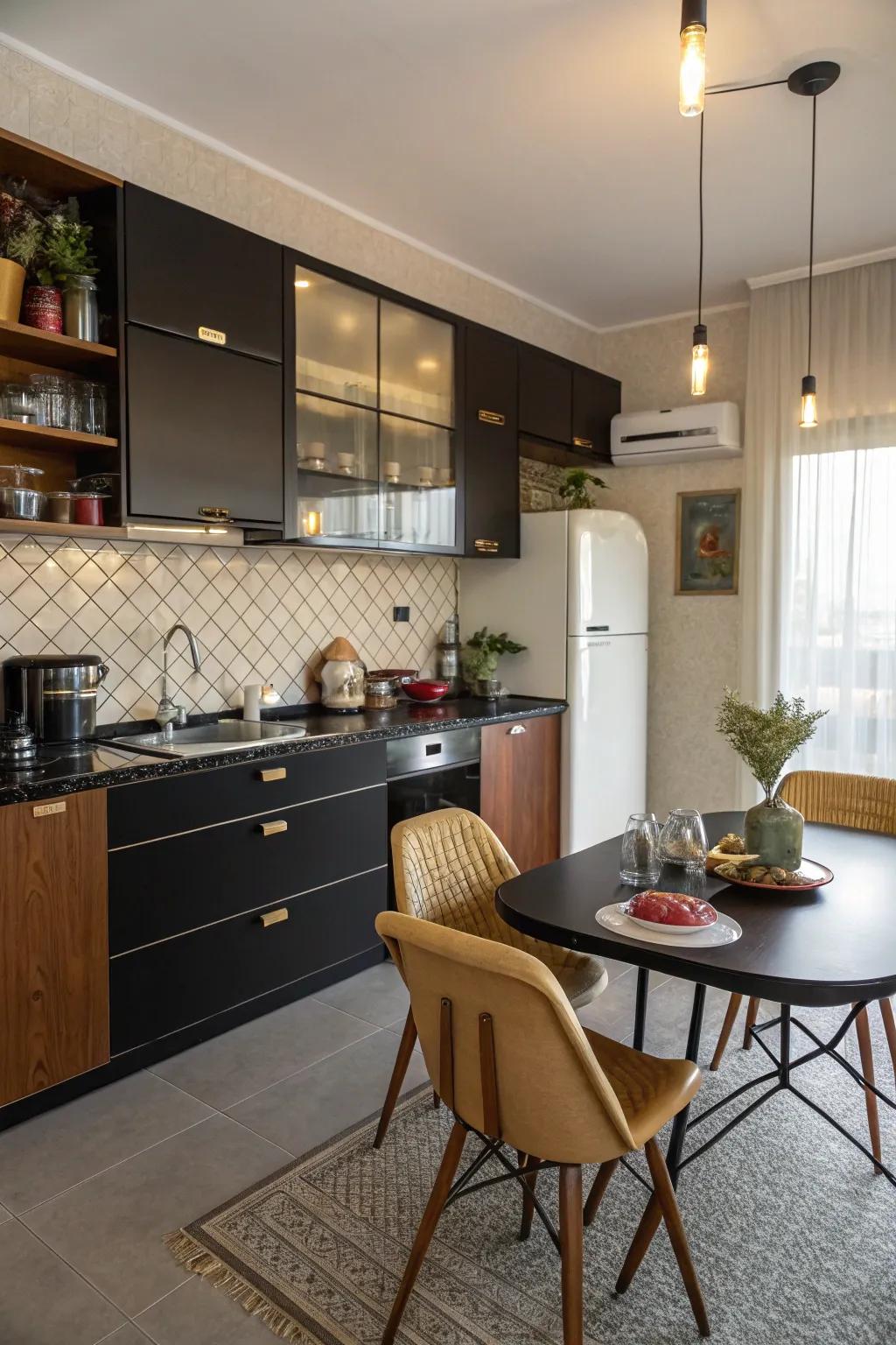 Mid-century modern style with ebony countertops.