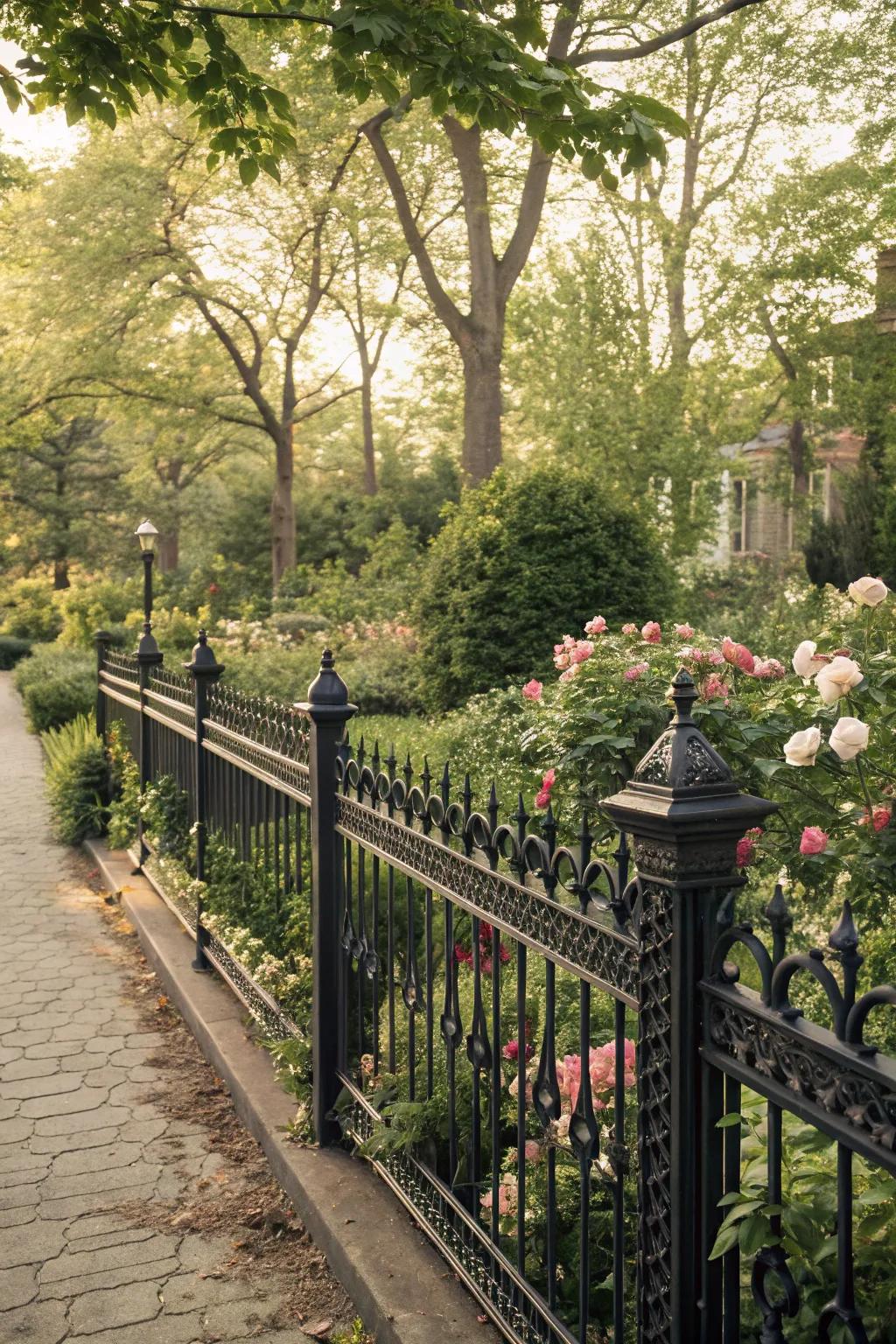 A black fence with intricate details adds vintage charm to the garden.