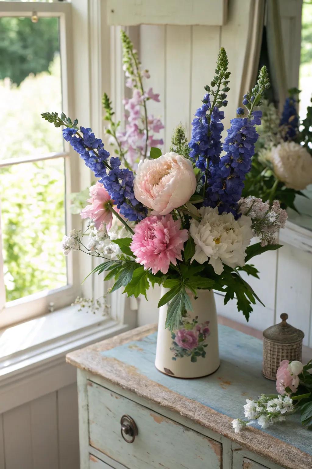 Cottage garden bouquet with old-world charm.