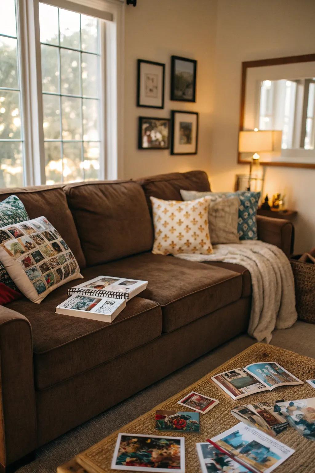 Personal touches make a living room with a brown sectional uniquely yours.