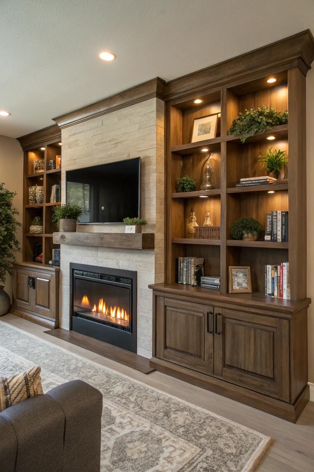 Open shelving adds a laid-back vibe to this inviting entertainment center.