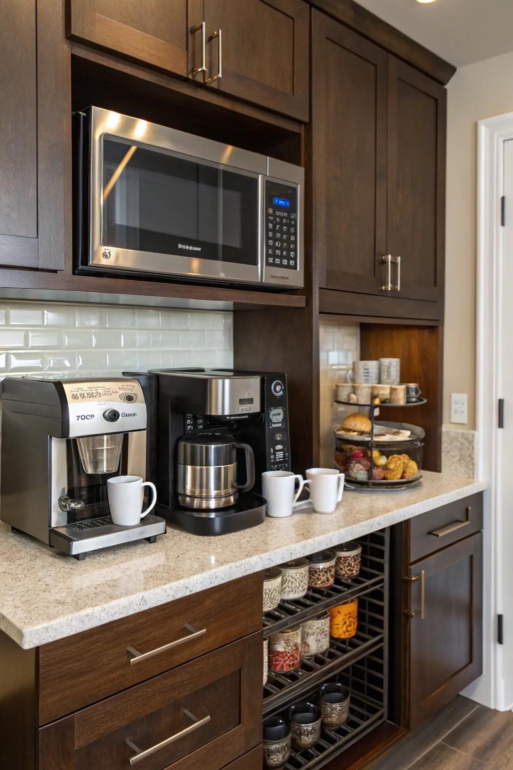 Chic kitchen design showcasing a microwave positioned over a coffee spot.