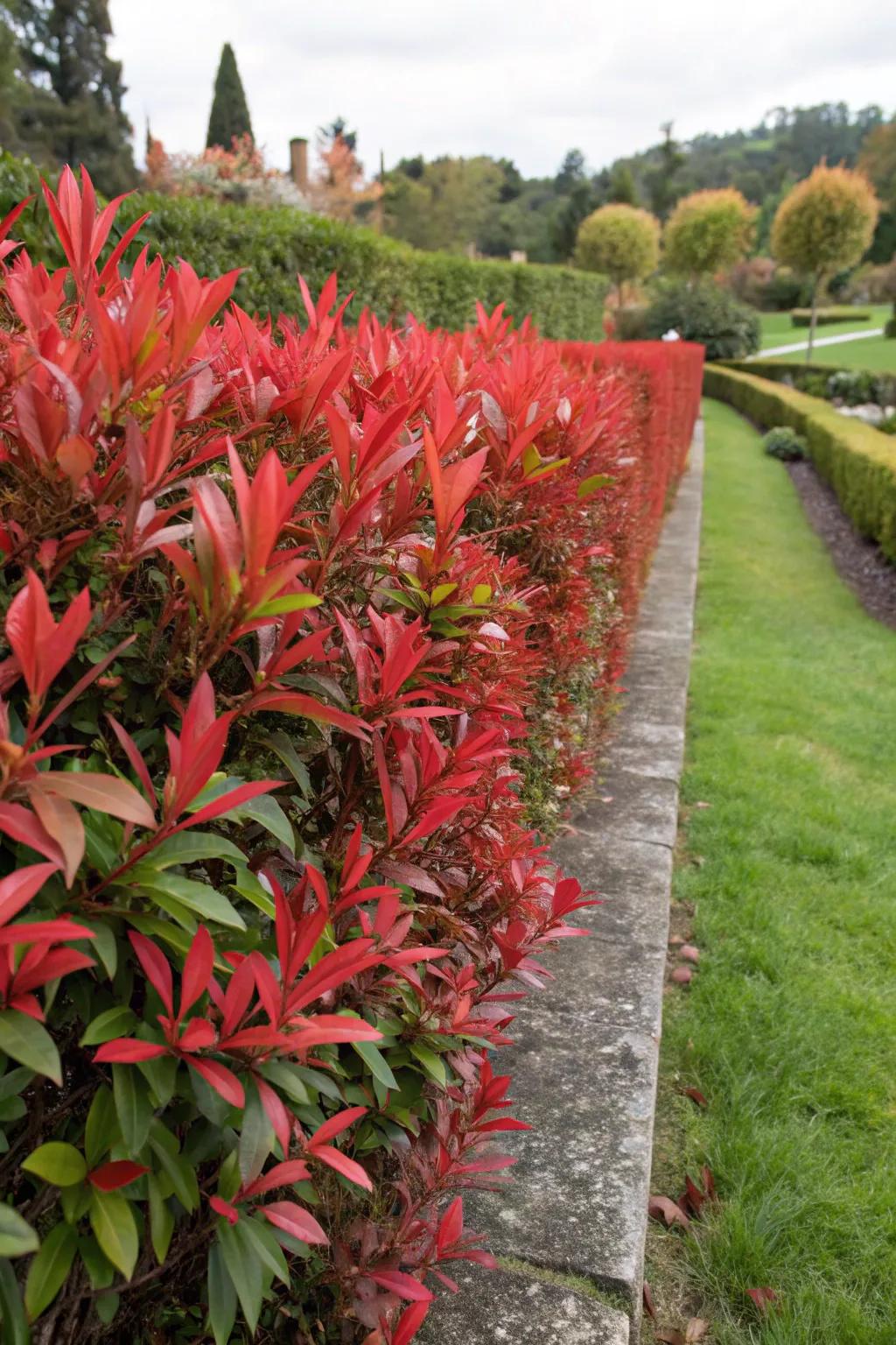 Red tip photinia makes a bold and colorful fence.