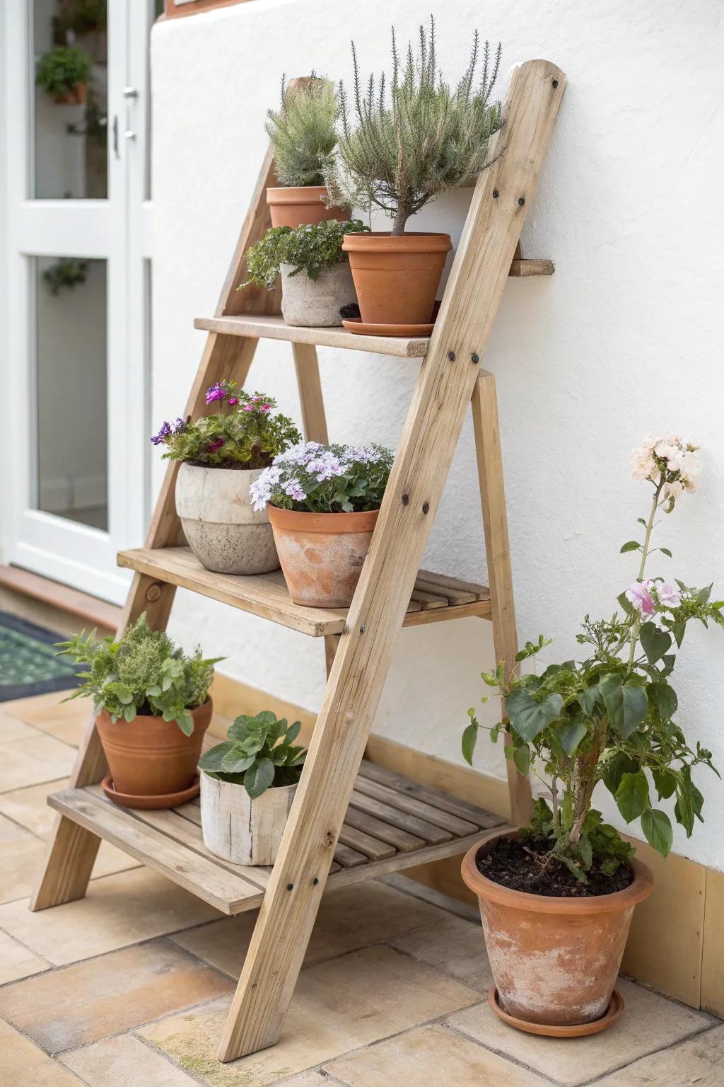 Elevate your garden game with a charming wooden ladder plant stand—an artful blend of simplicity and style. 🌿✨