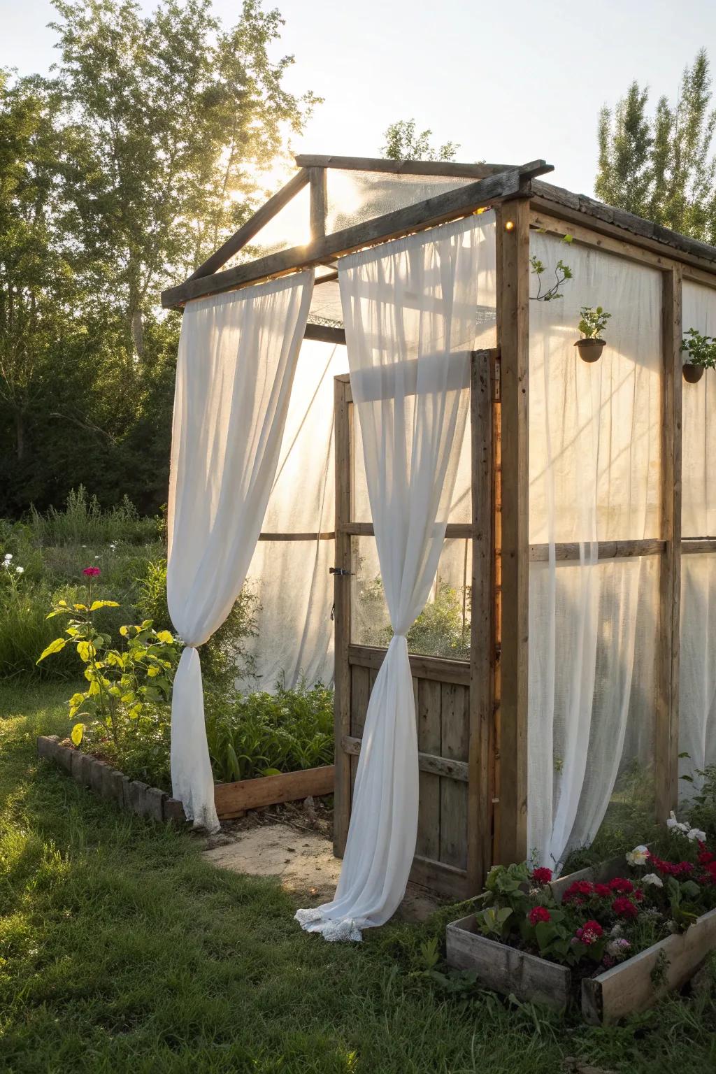 Transform old curtains into a charming greenhouse haven. #DIYGarden #GreenhouseGoals