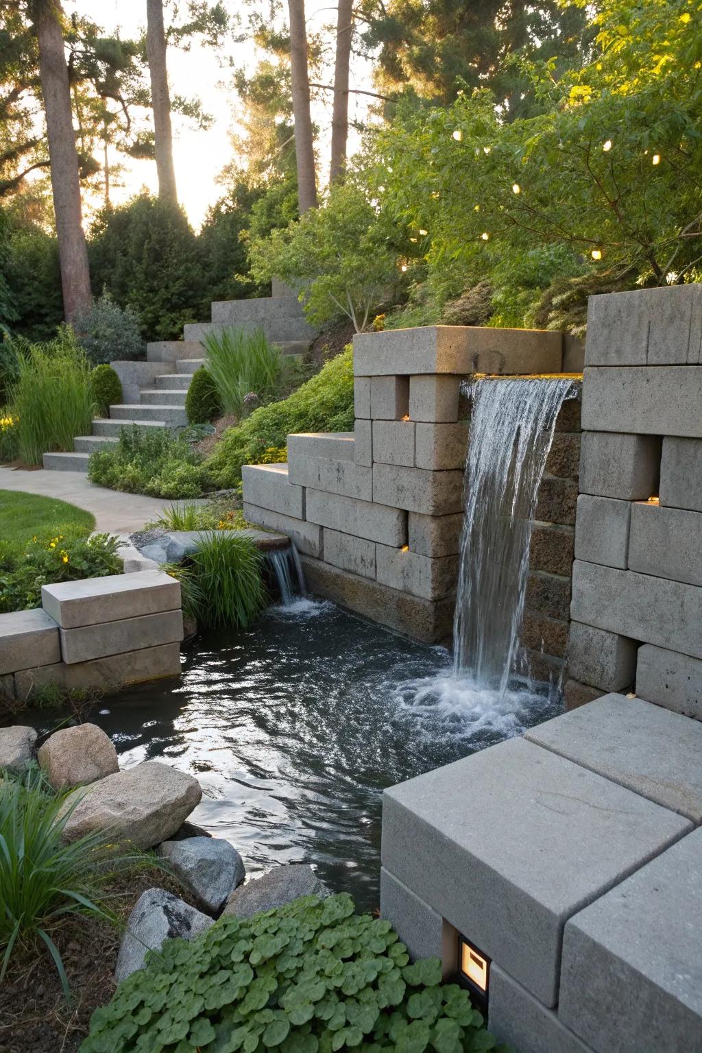 Transform your garden into a tranquil oasis with a modern cinder block waterfall feature.