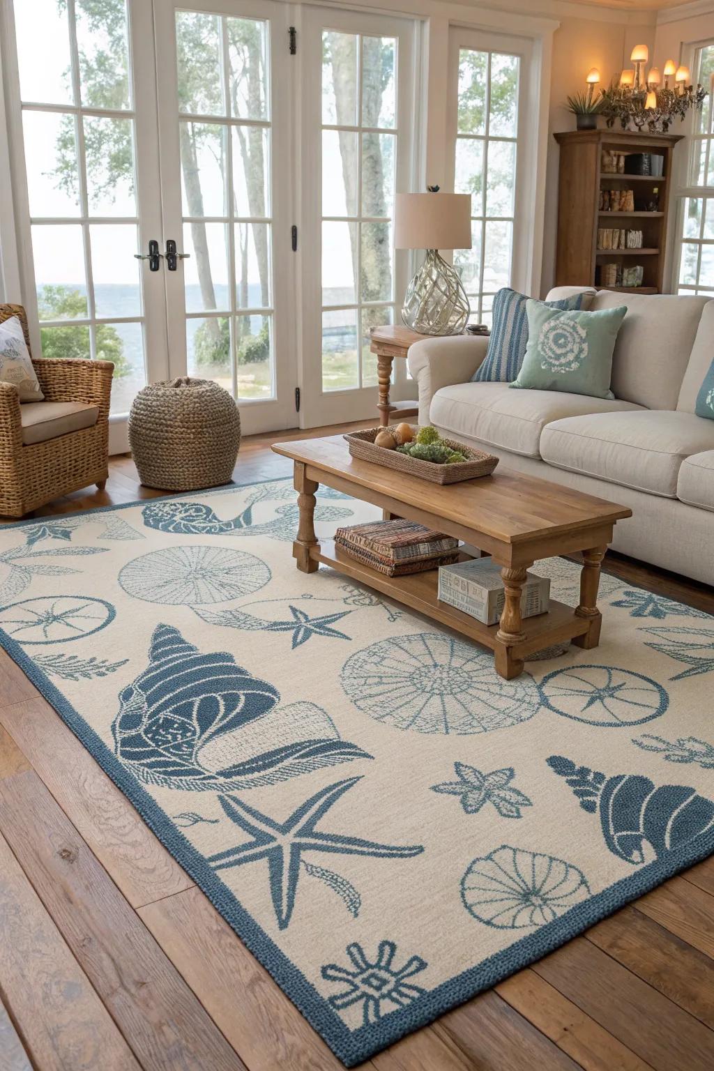 A coastal-inspired rug unifies the room.