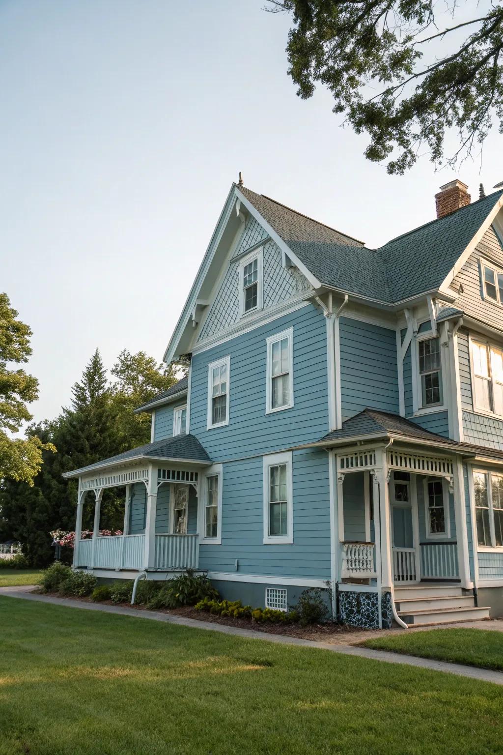 Colonial house with unique blue-grey tones.