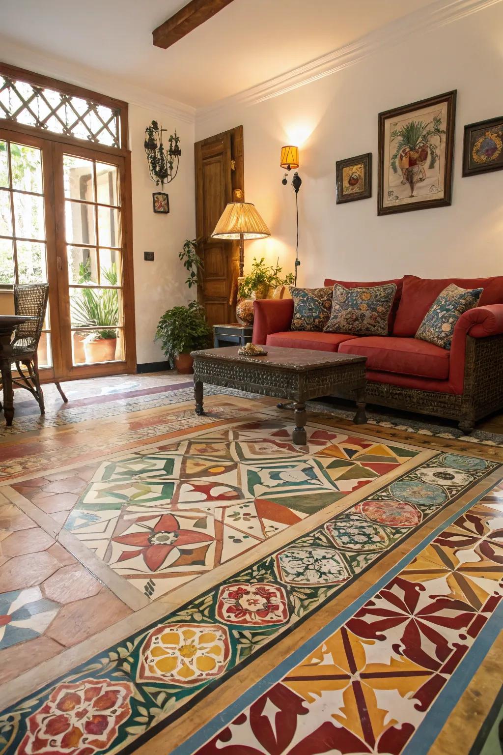 Dynamic flooring patterns include an unforeseen twist to this striking lounge area.