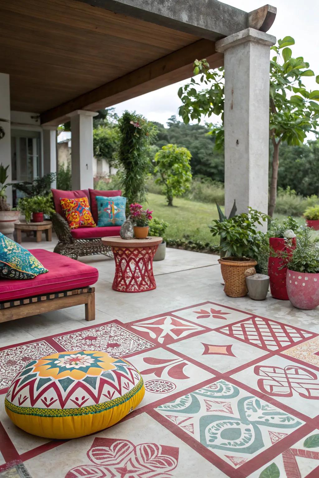 A concrete patio featuring bold patterned tiles and vibrant decorative accents.