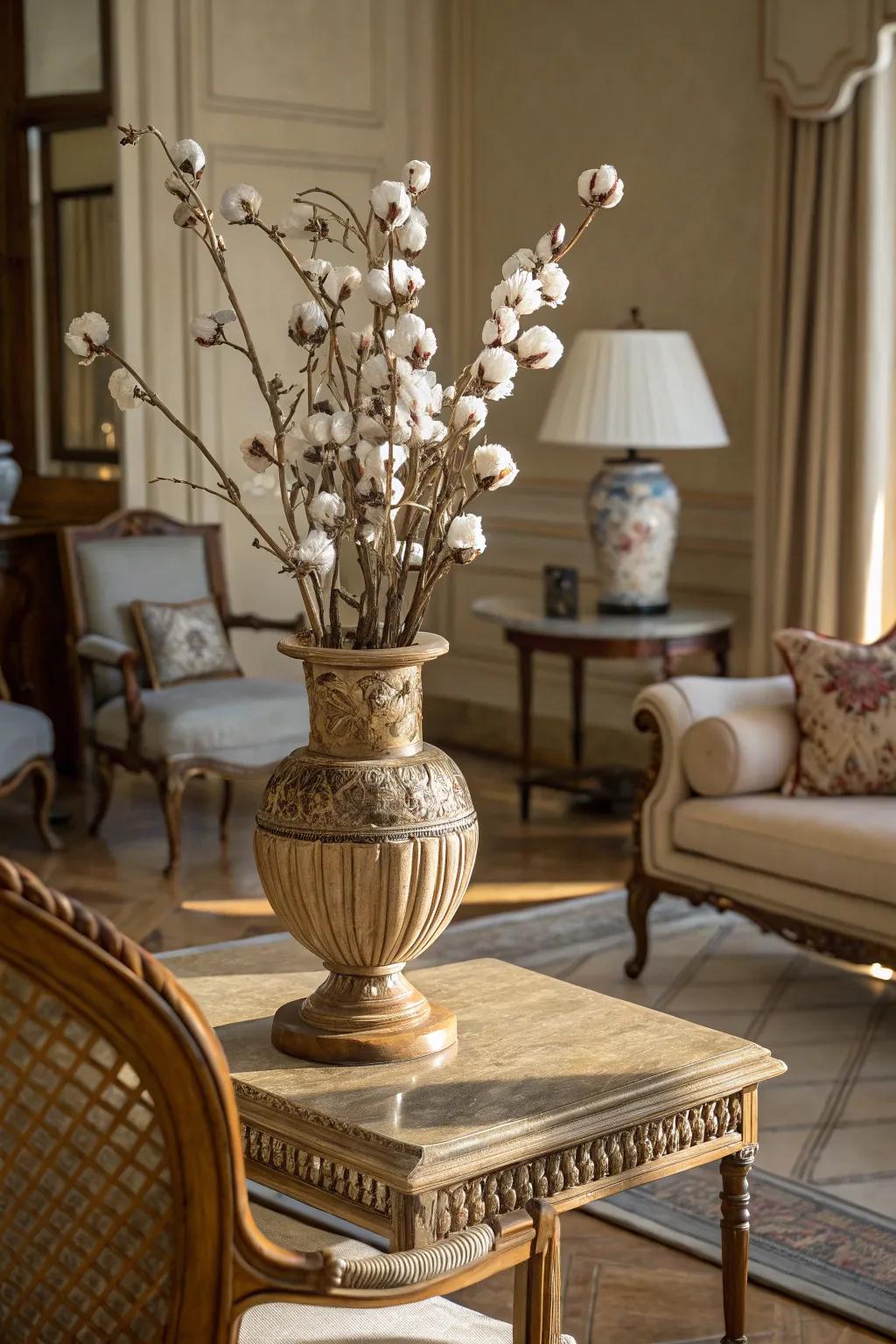 Timeless beauty with antiques and cotton stems.
