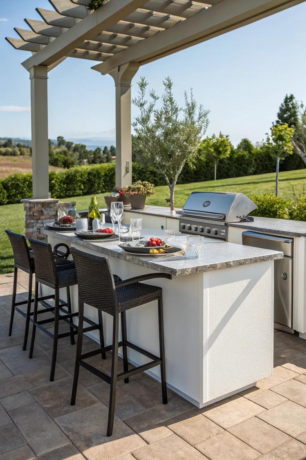 An outdoor kitchen with a durable countertop bar.