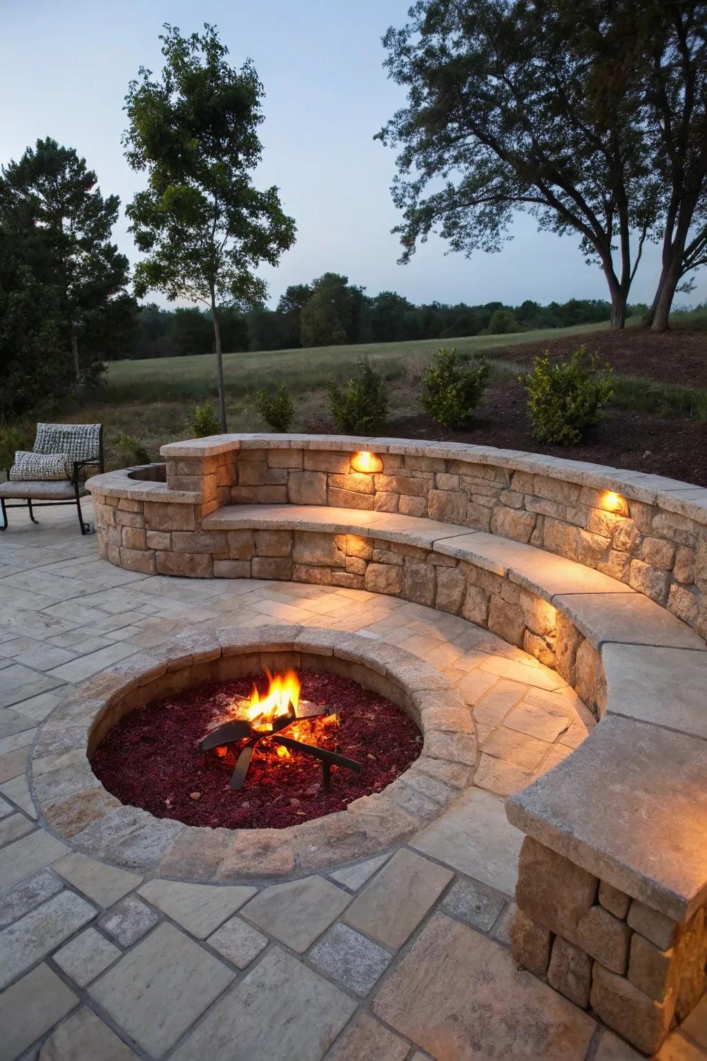 A sunken brazier tenders a secure, intimate area for gatherings.