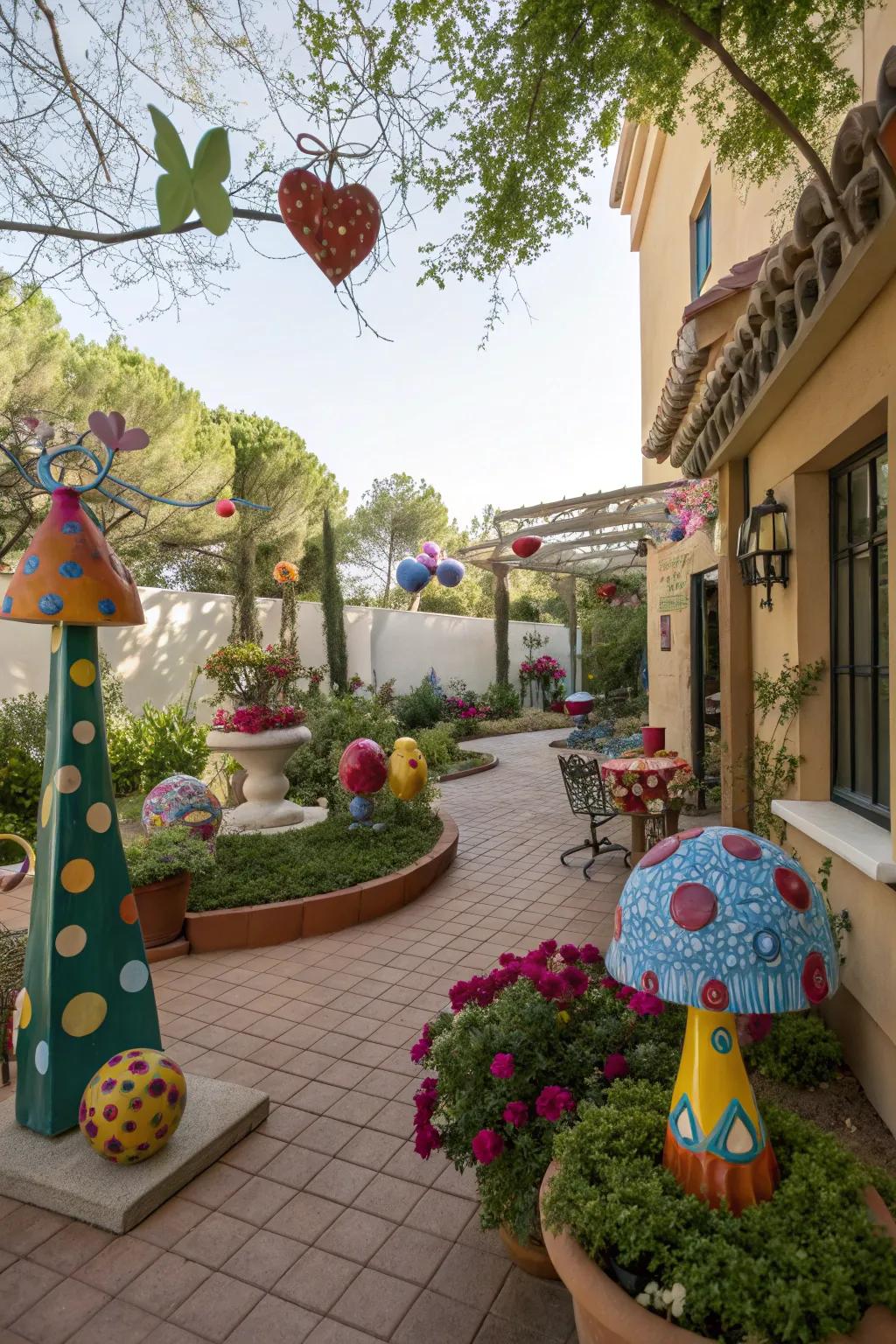 Garden art adds a playful touch to this courtyard patio.