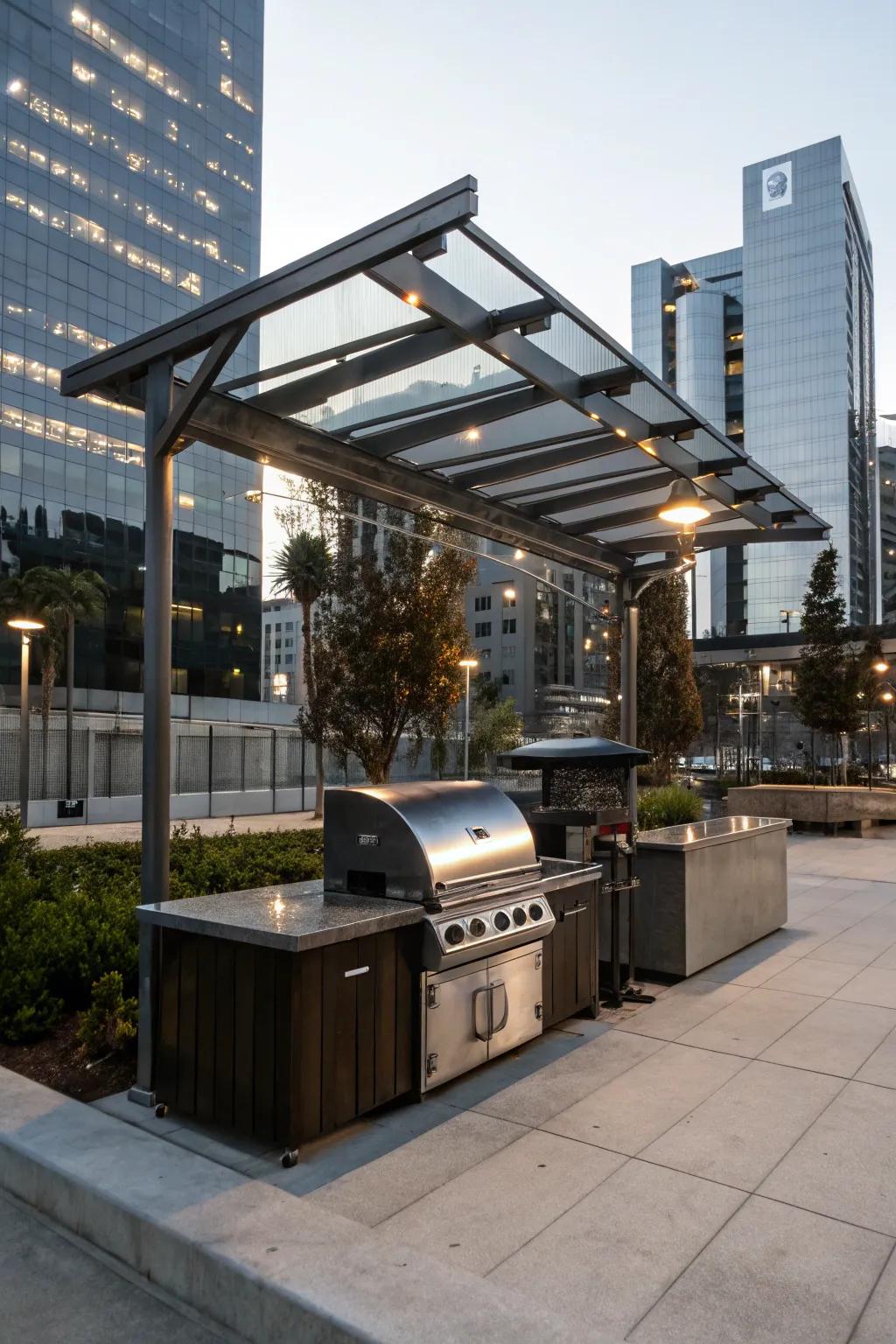 An industrial steel shelter providing a bold, urban look for grilling.