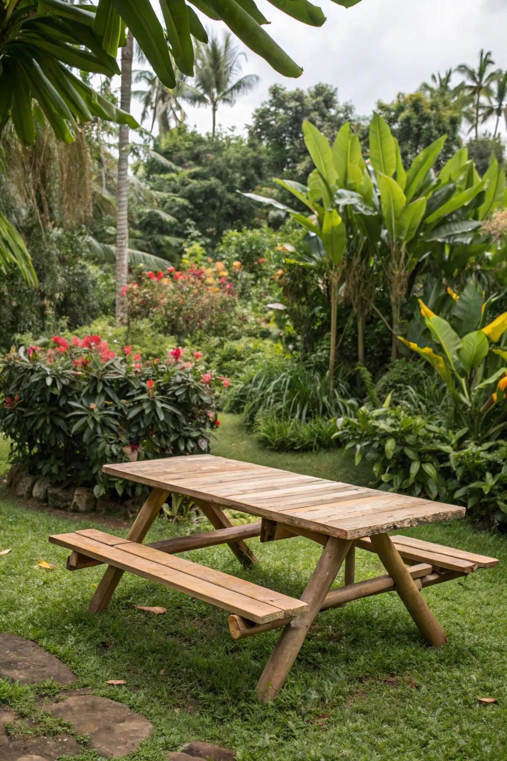 A bamboo picnic table, offering an eco-conscious choice with natural beauty.