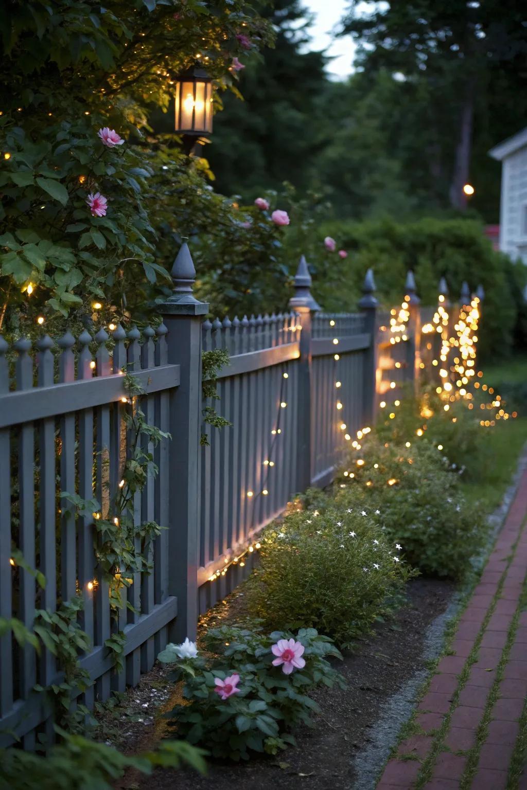 Fairy lights add a magical touch to a deep charcoal boundary, creating a whimsical garden ambiance.
