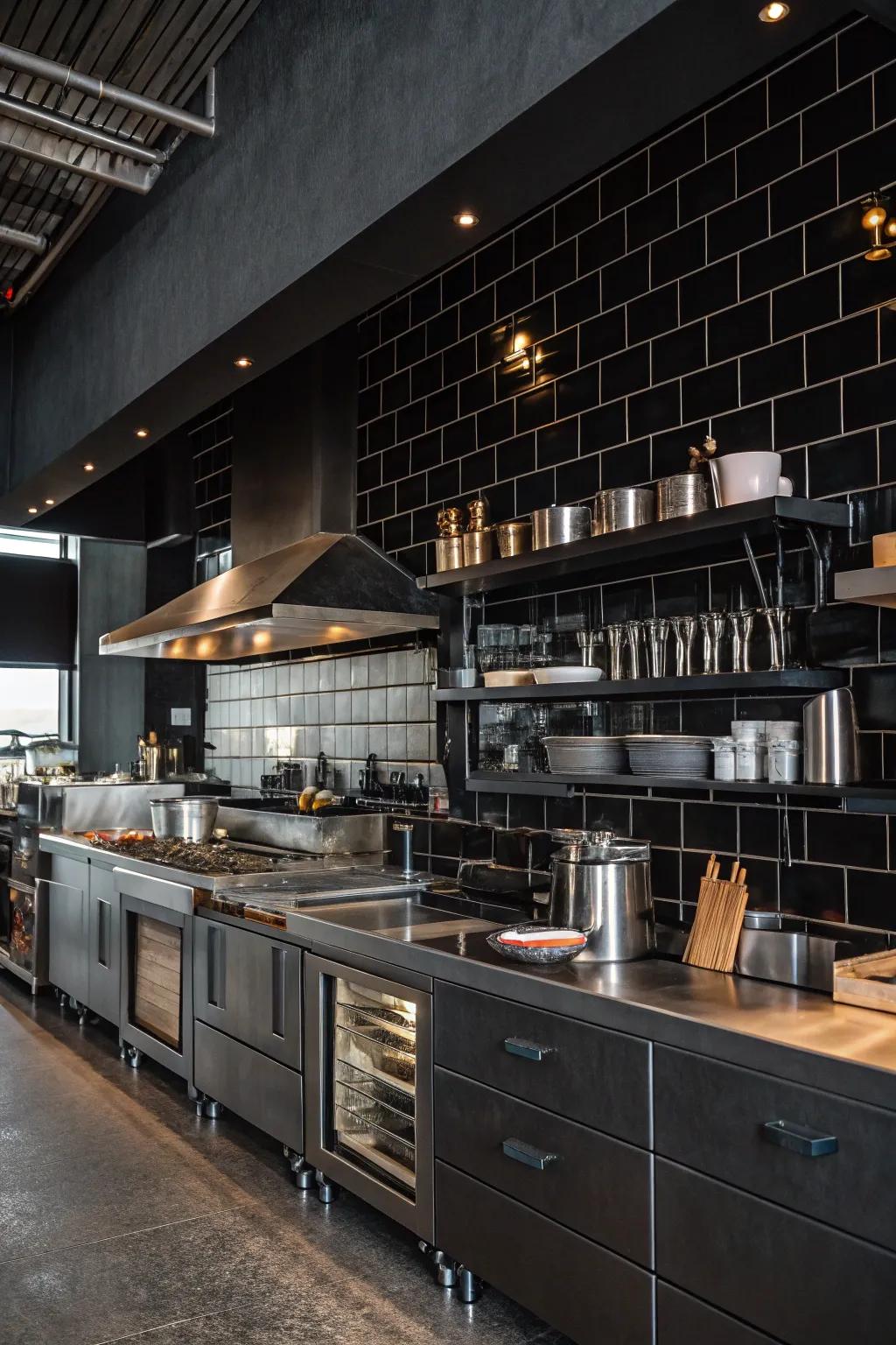 An industrial kitchen showcases a shadowy backsplash accented by sleek metallic light fixtures for an urban flair.