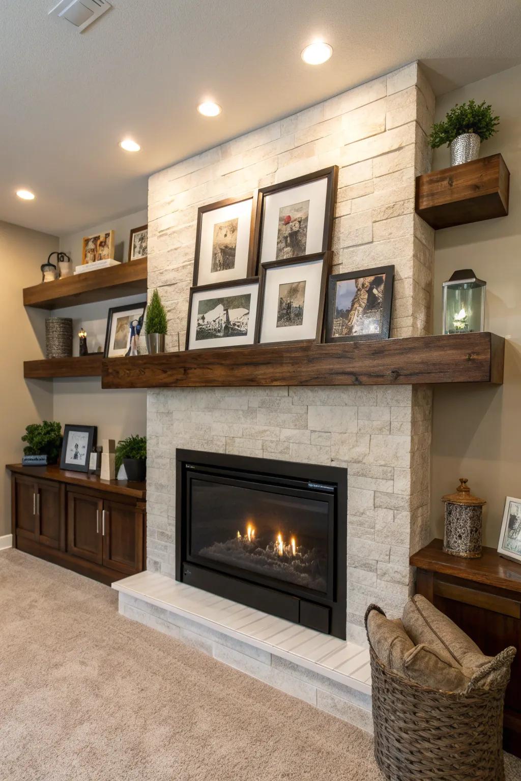Elevate your fireplace with chic floating shelves for a functional and personal touch.