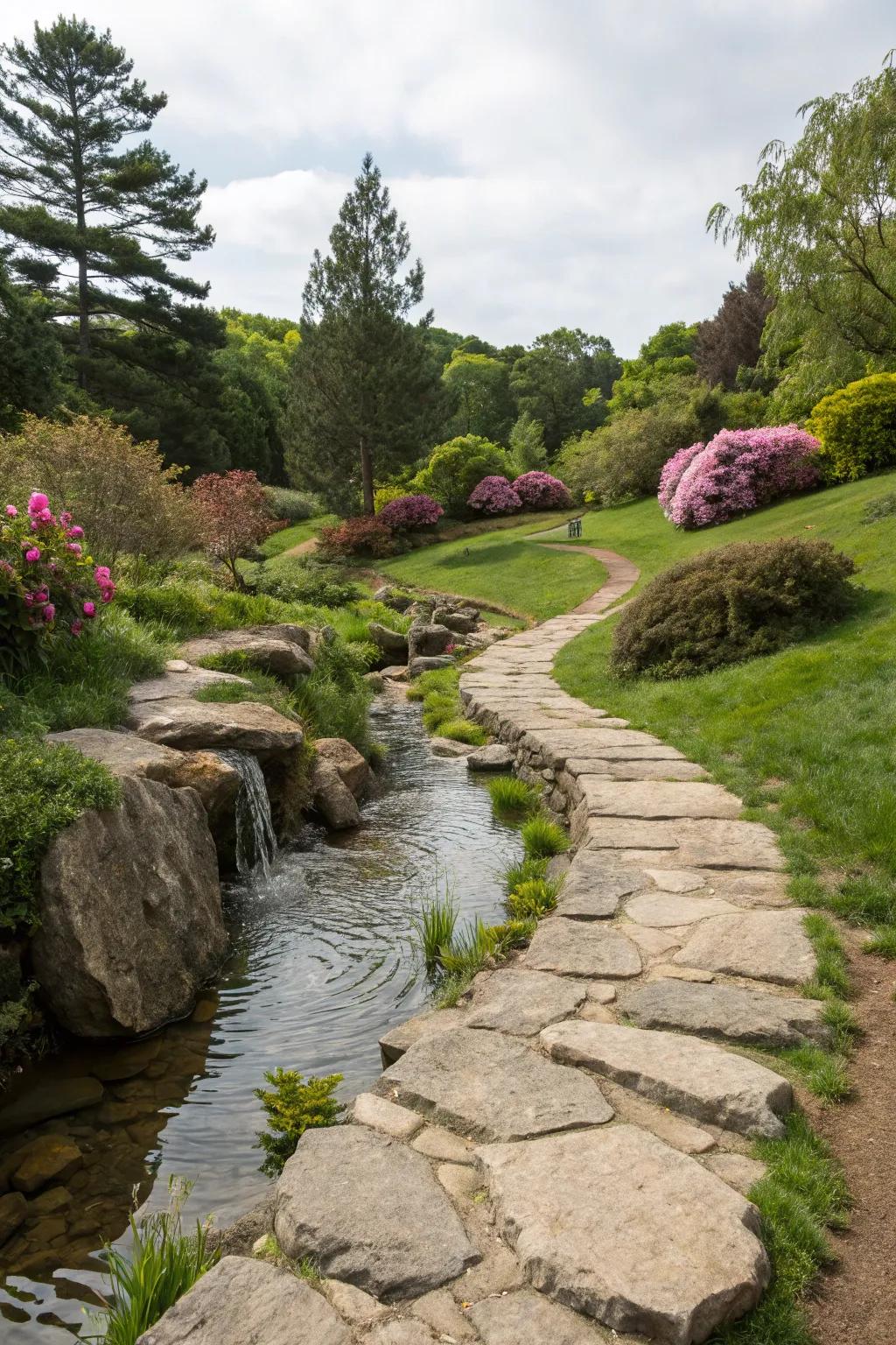 A serene rock path complemented by a water feature.