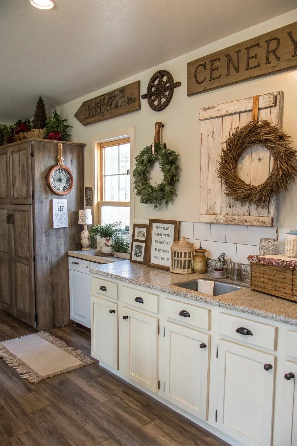 Farmhouse decor enhances the rustic charm of chalk-coated cabinets.