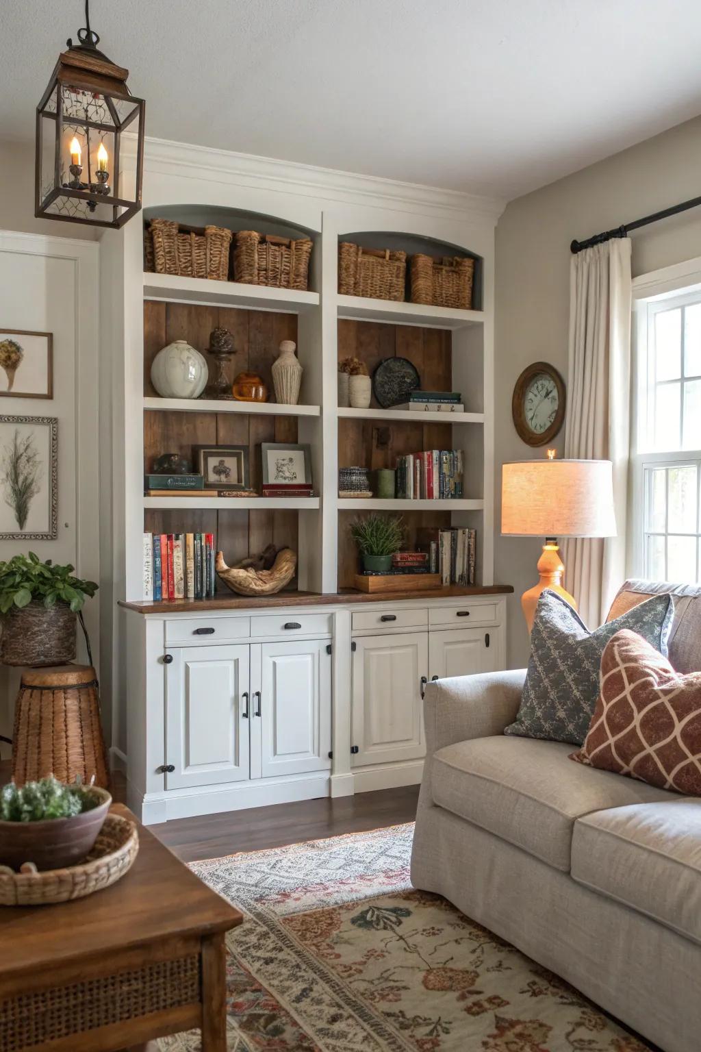 Open shelving furnishes stylish display within this farmhouse living space.