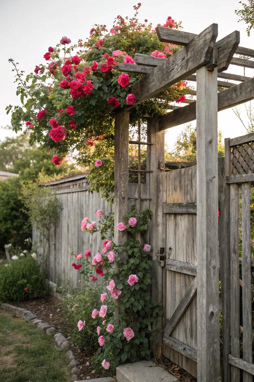 A rustic trellis supports climbing plants beautifully.