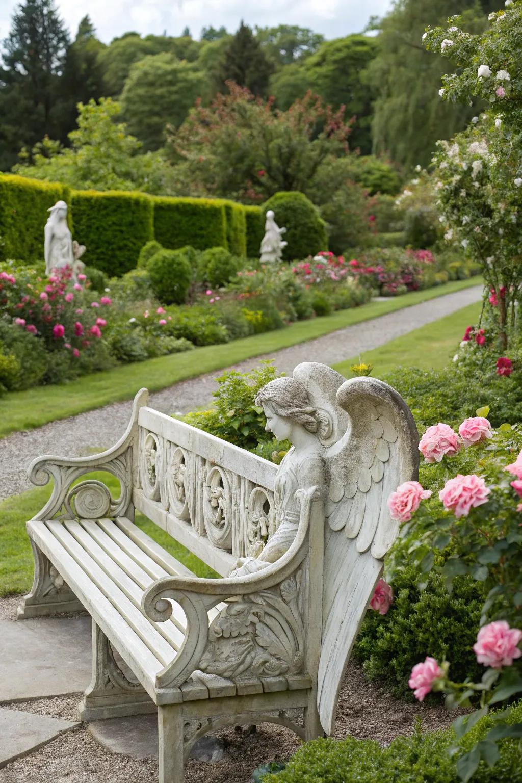 A peaceful bench with angelic imagery.