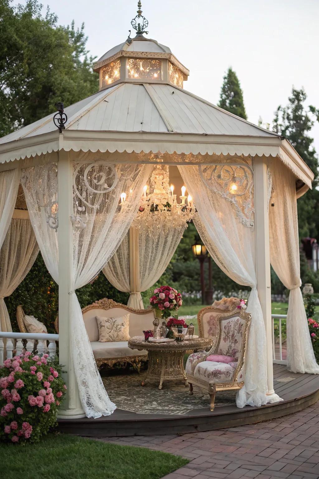Vintage pieces infuse your gazebo with nostalgic glamour.