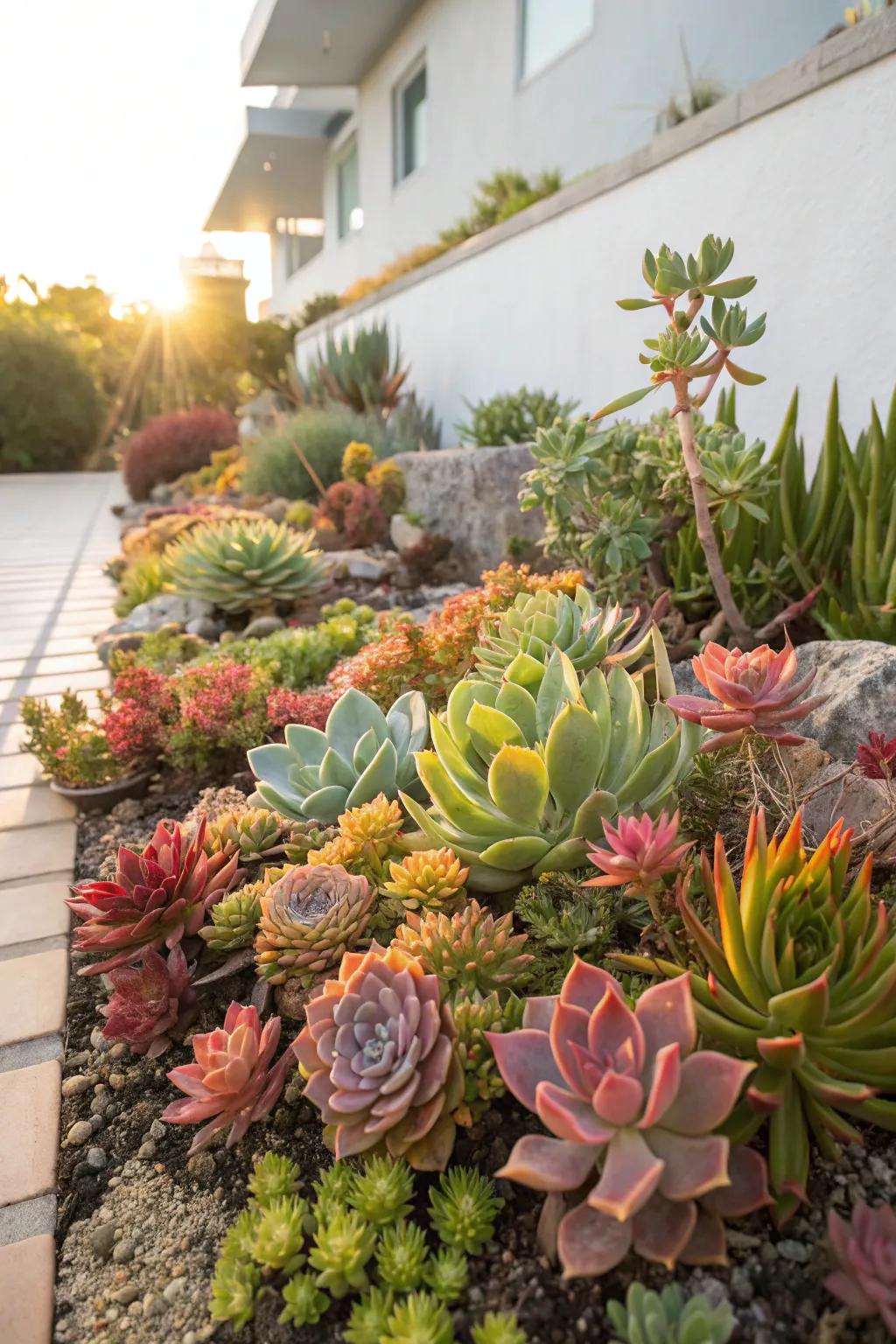 Succulent gardens provide a sculptural and drought-tolerant solution.