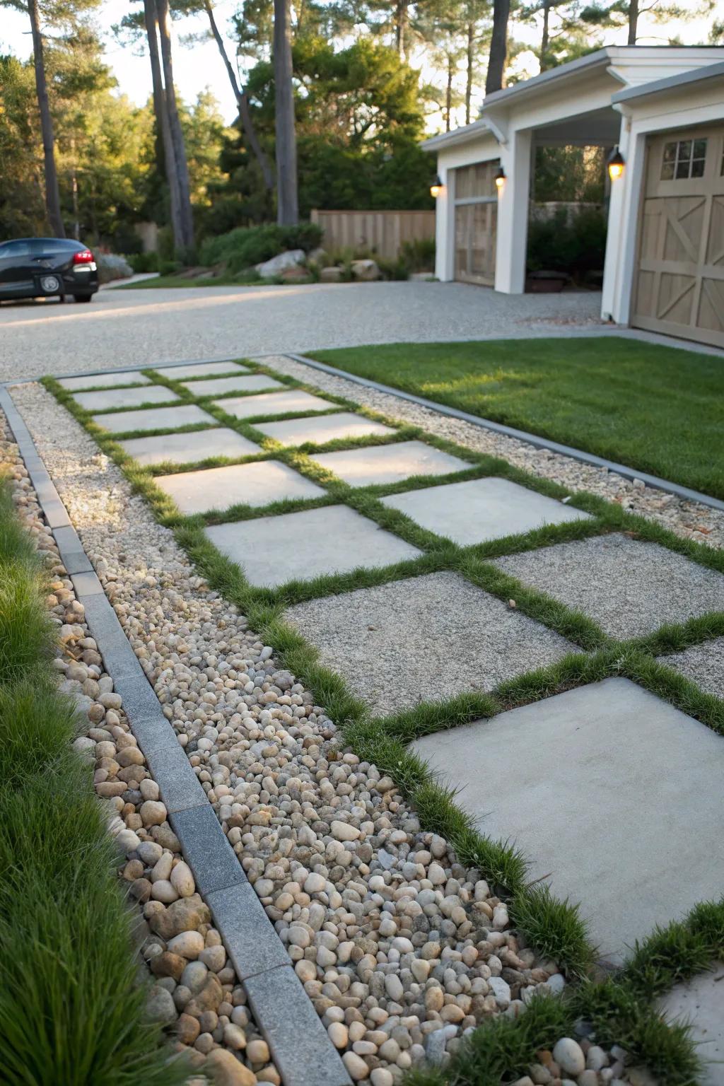 A fashionable mix of grass and pebbles for a low-upkeep driveway.