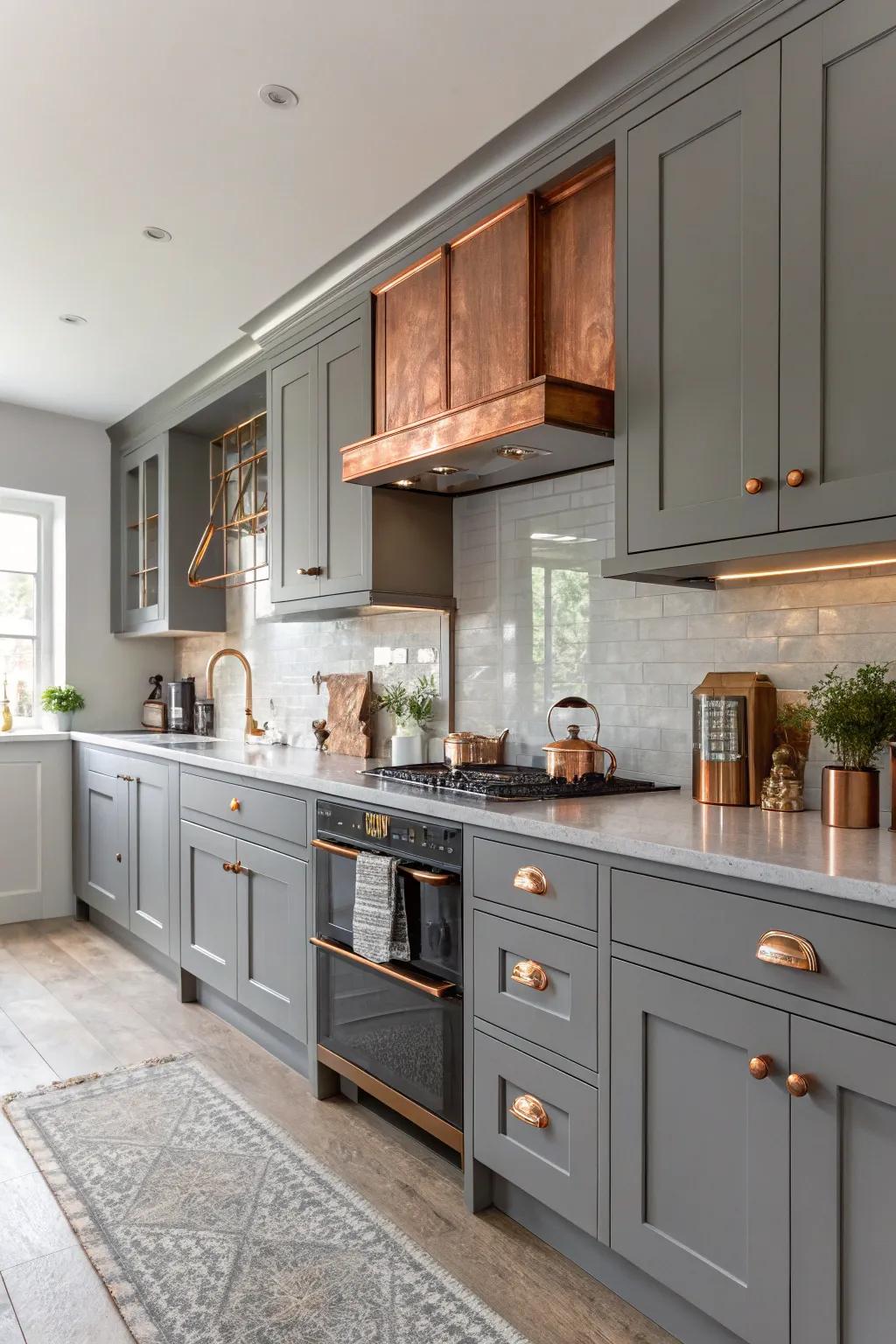 Copper accents create a chic contrast against the gray kitchen cabinets.